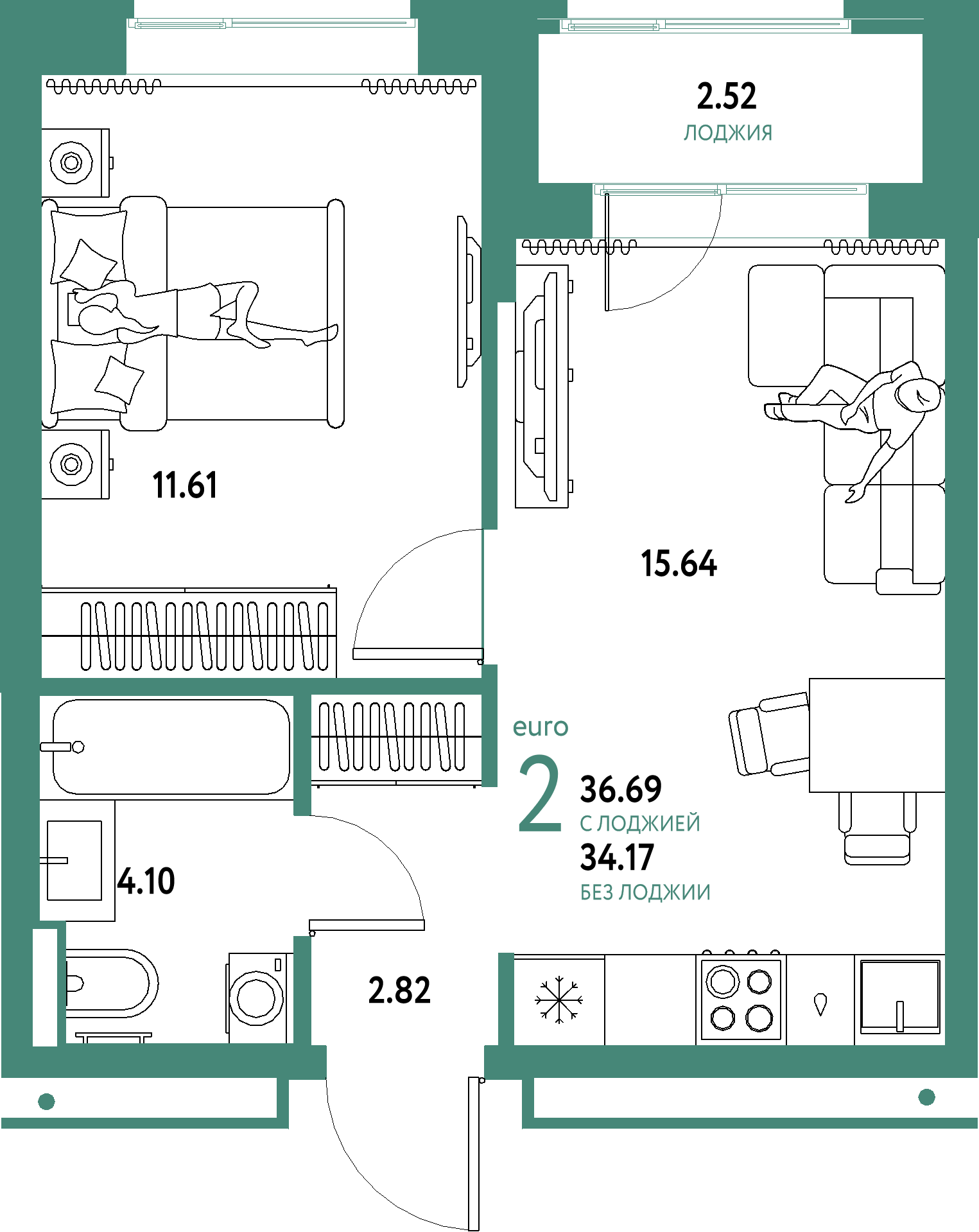 ЖК "Домашний"-2-комнатная 36.69 м²