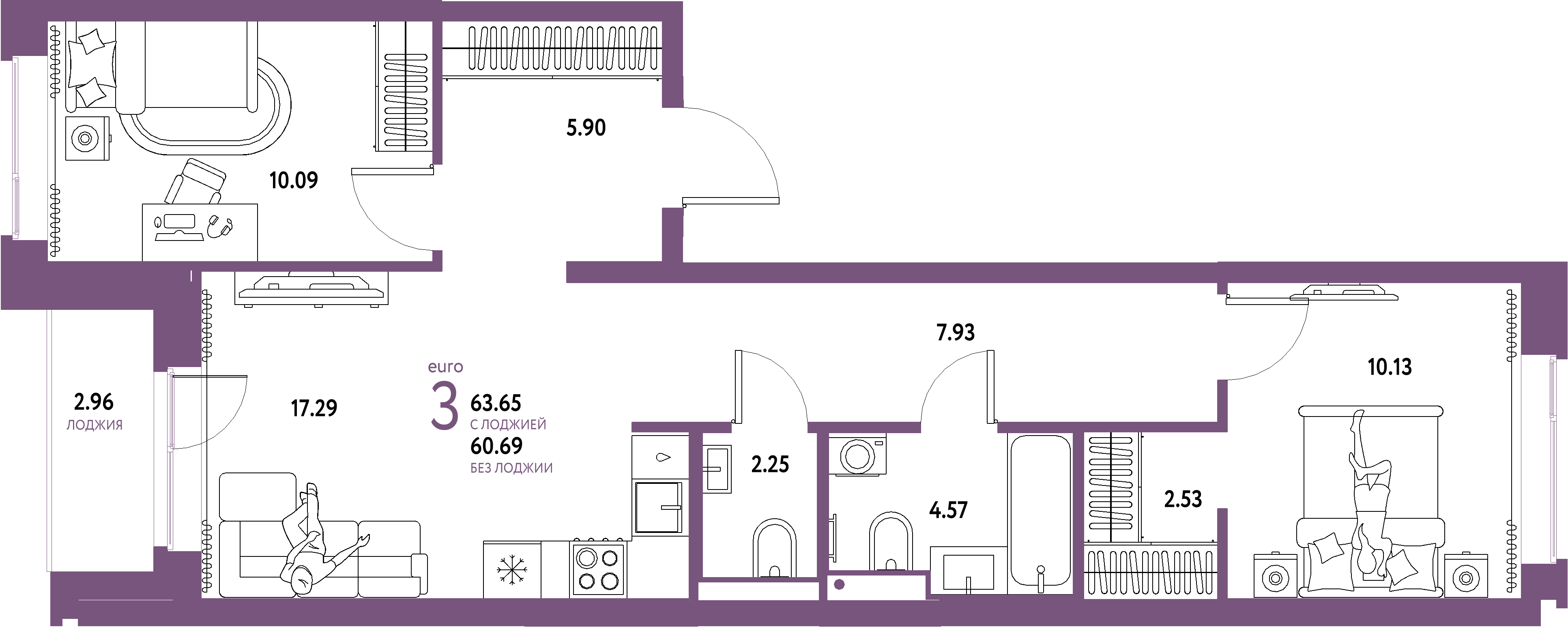 ЖК "Домашний"-3-комнатная 63.65 м²