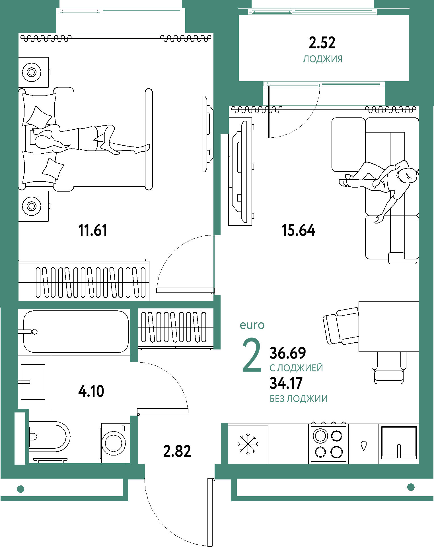 ЖК "Домашний"-2-комнатная 36.69 м²