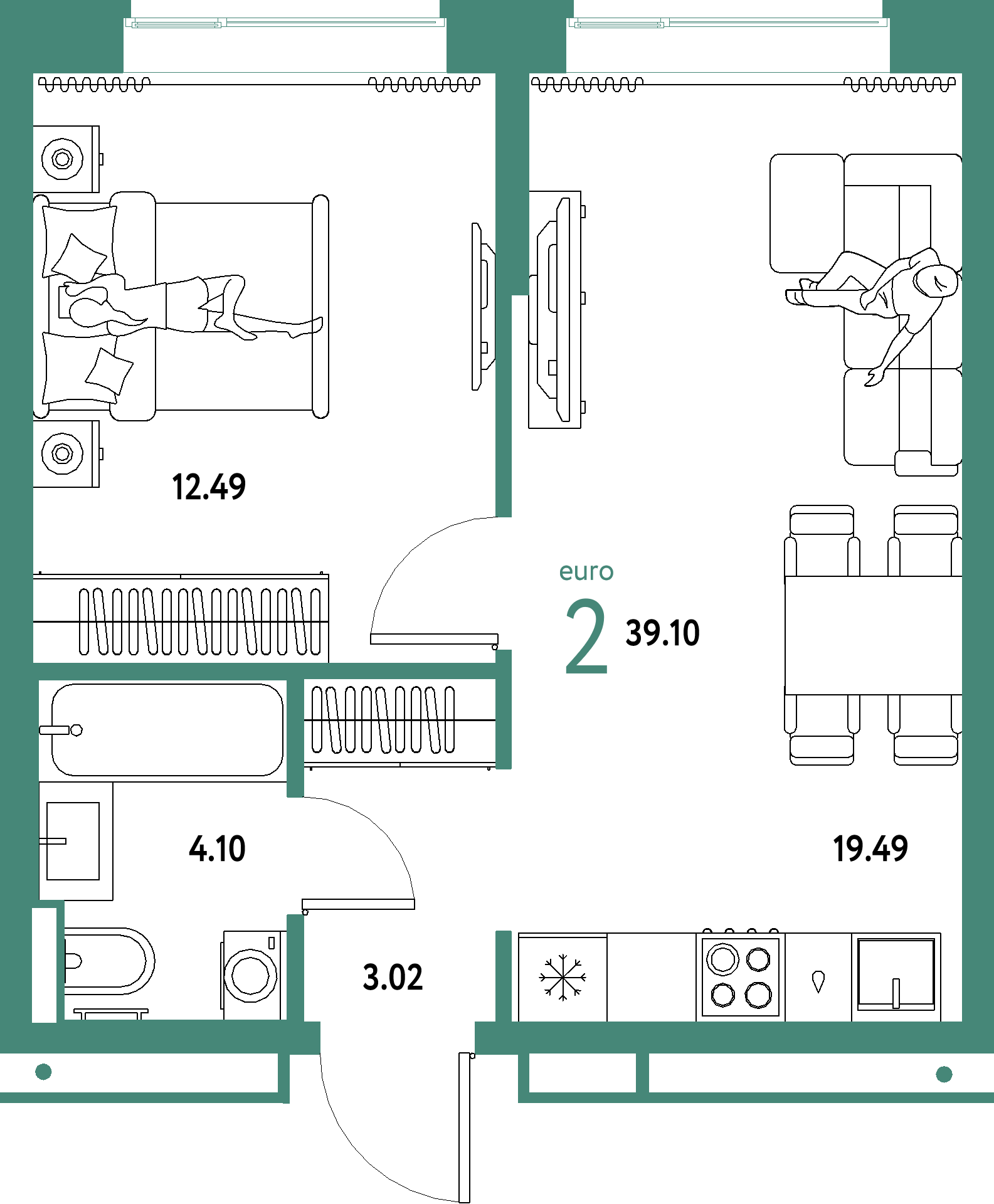 ЖК "Домашний"-2-комнатная 39.1 м²