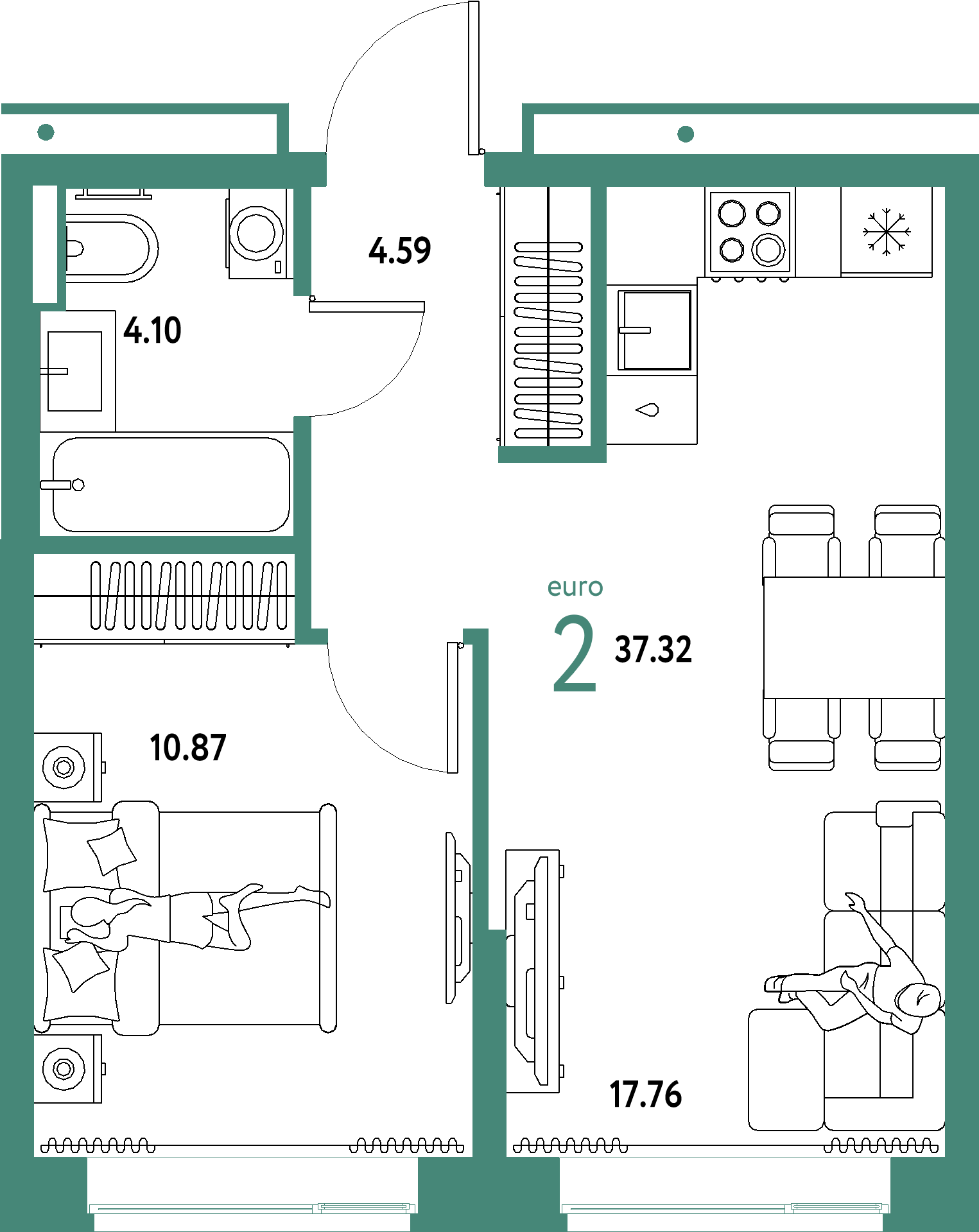 ЖК "Домашний"-2-комнатная 37.32 м²