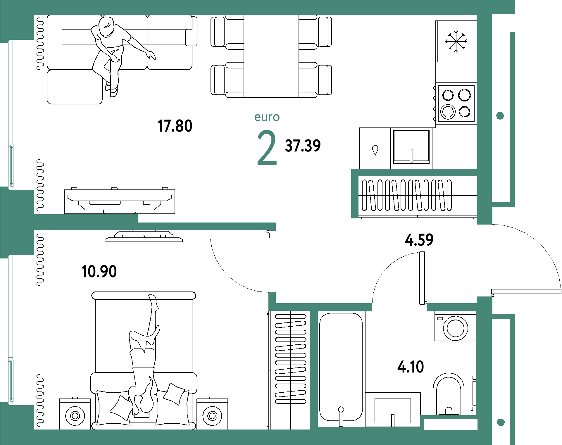 ЖК "Домашний"-2-комнатная 37.39 м²