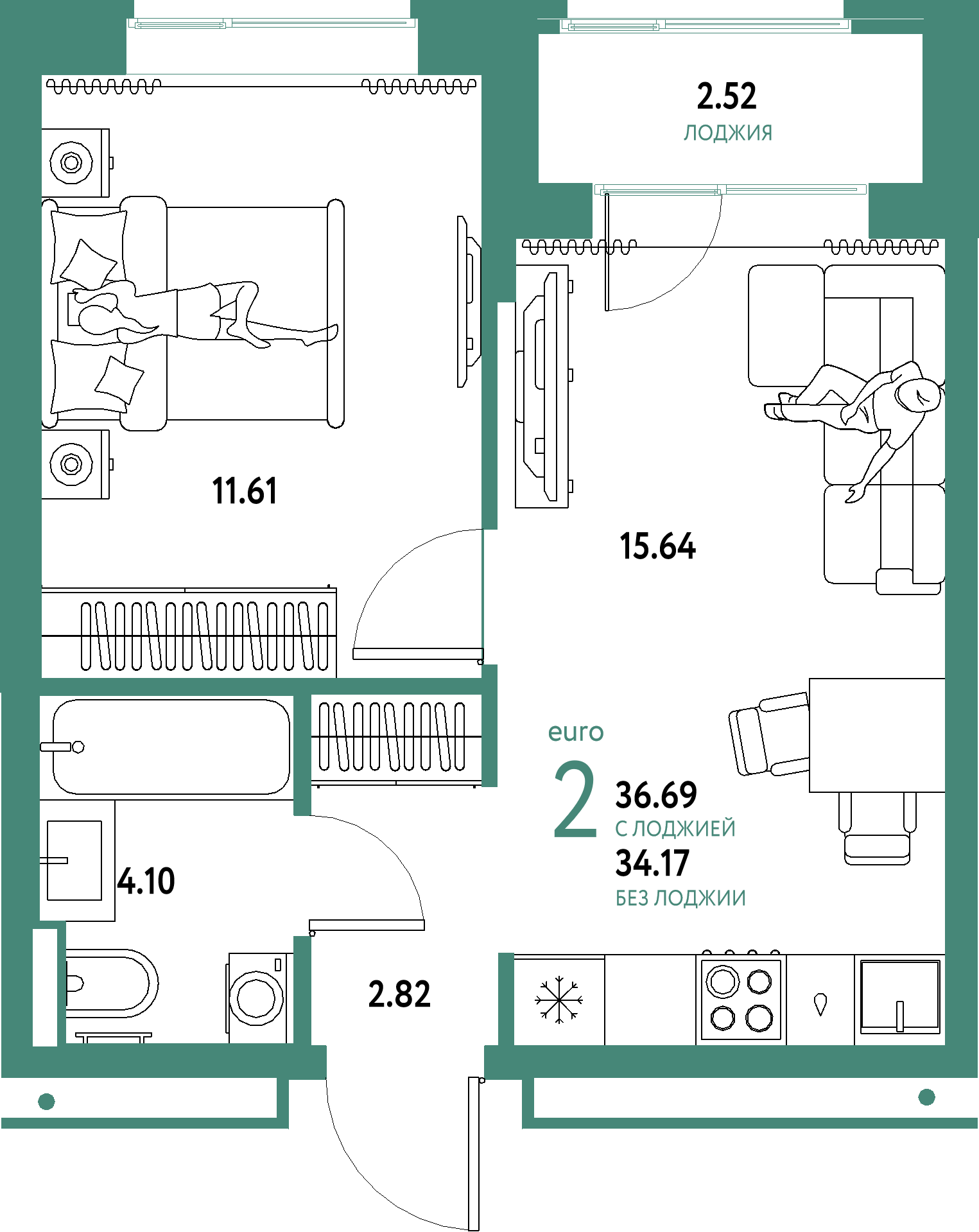 ЖК "Домашний"-2-комнатная 36.69 м²