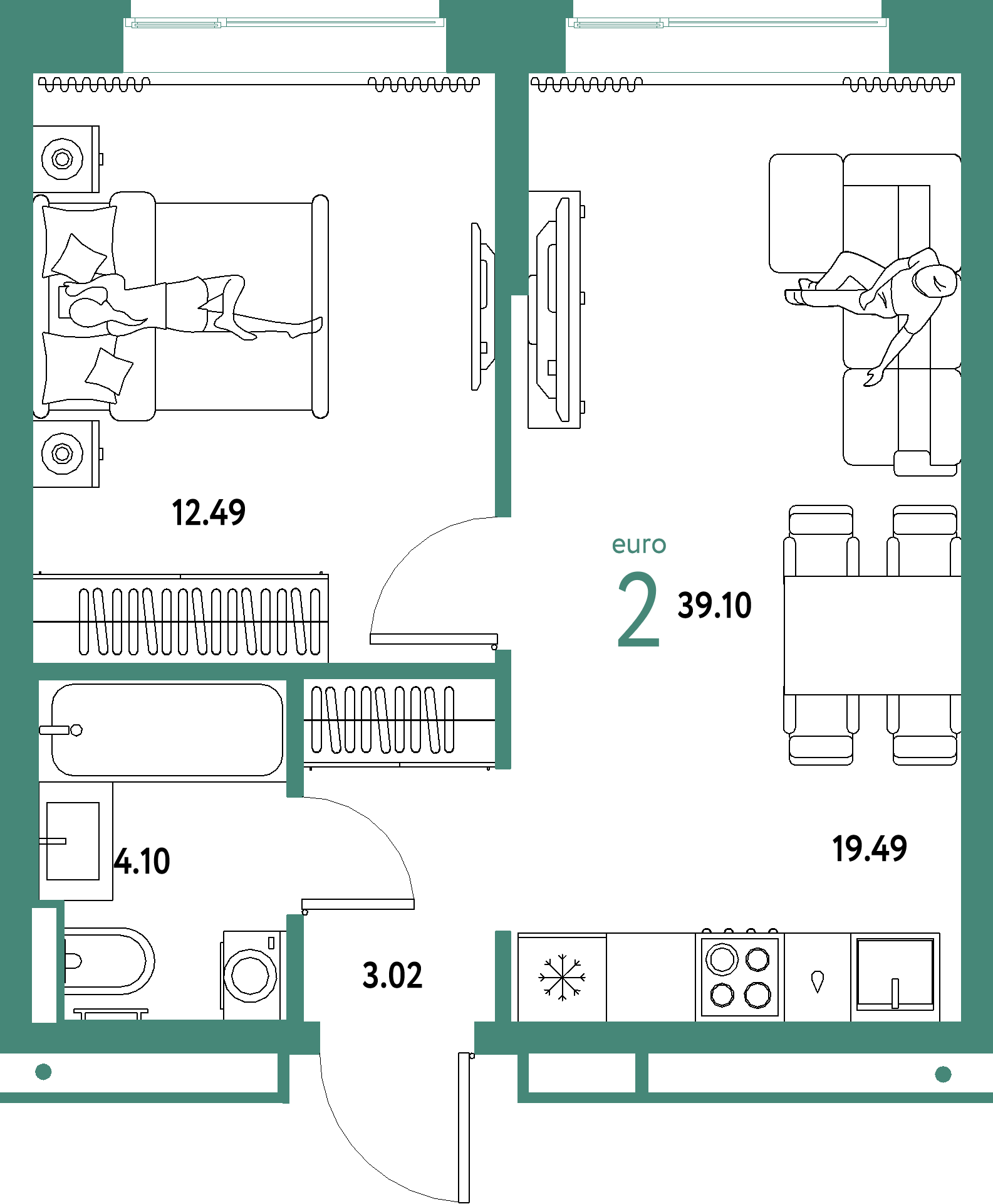 ЖК "Домашний"-2-комнатная 39.1 м²
