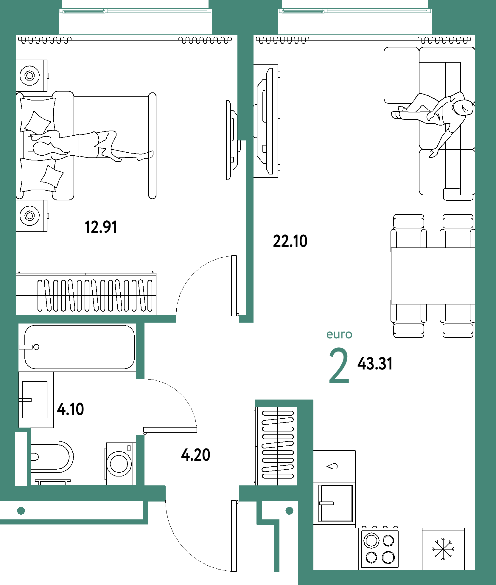 ЖК "Домашний"-2-комнатная 43.31 м²