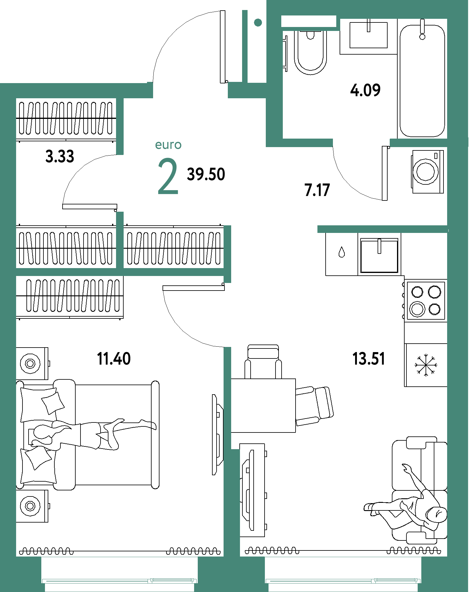 ЖК "Домашний"-2-комнатная 39.5 м²
