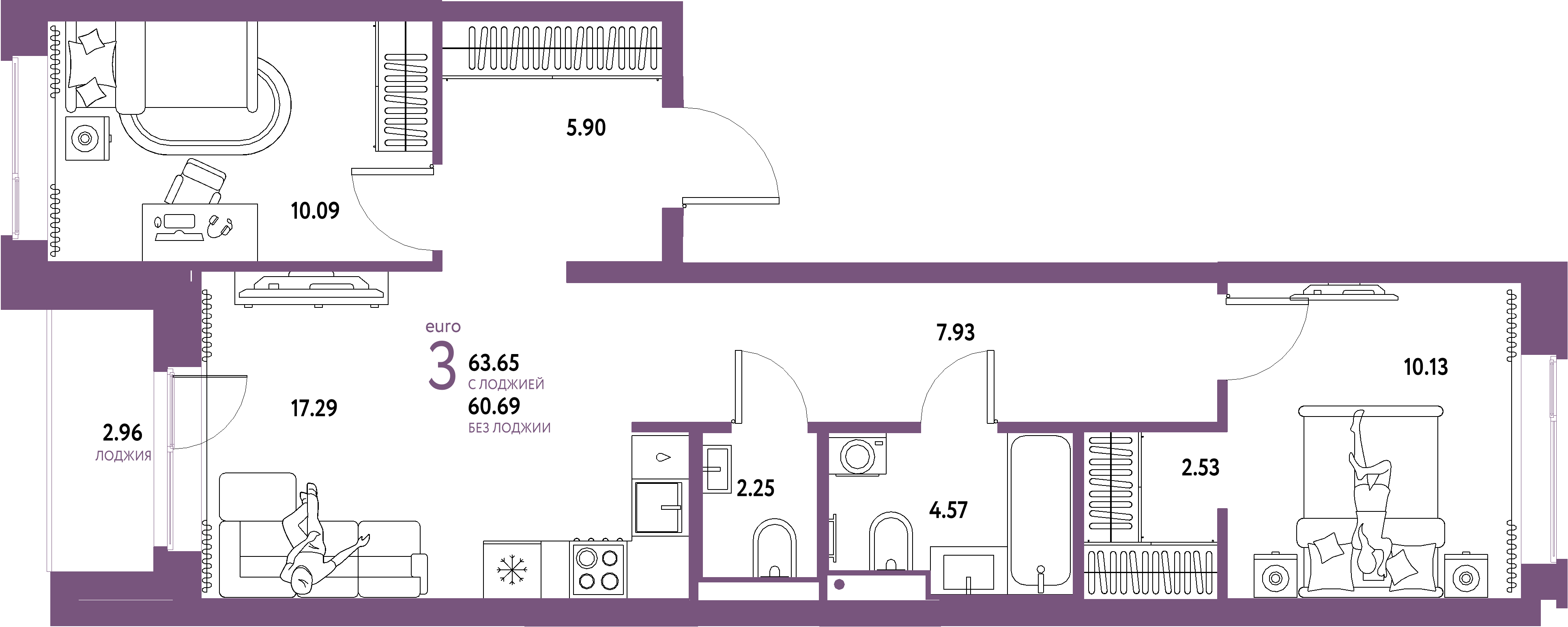 ЖК "Домашний"-3-комнатная 63.65 м²