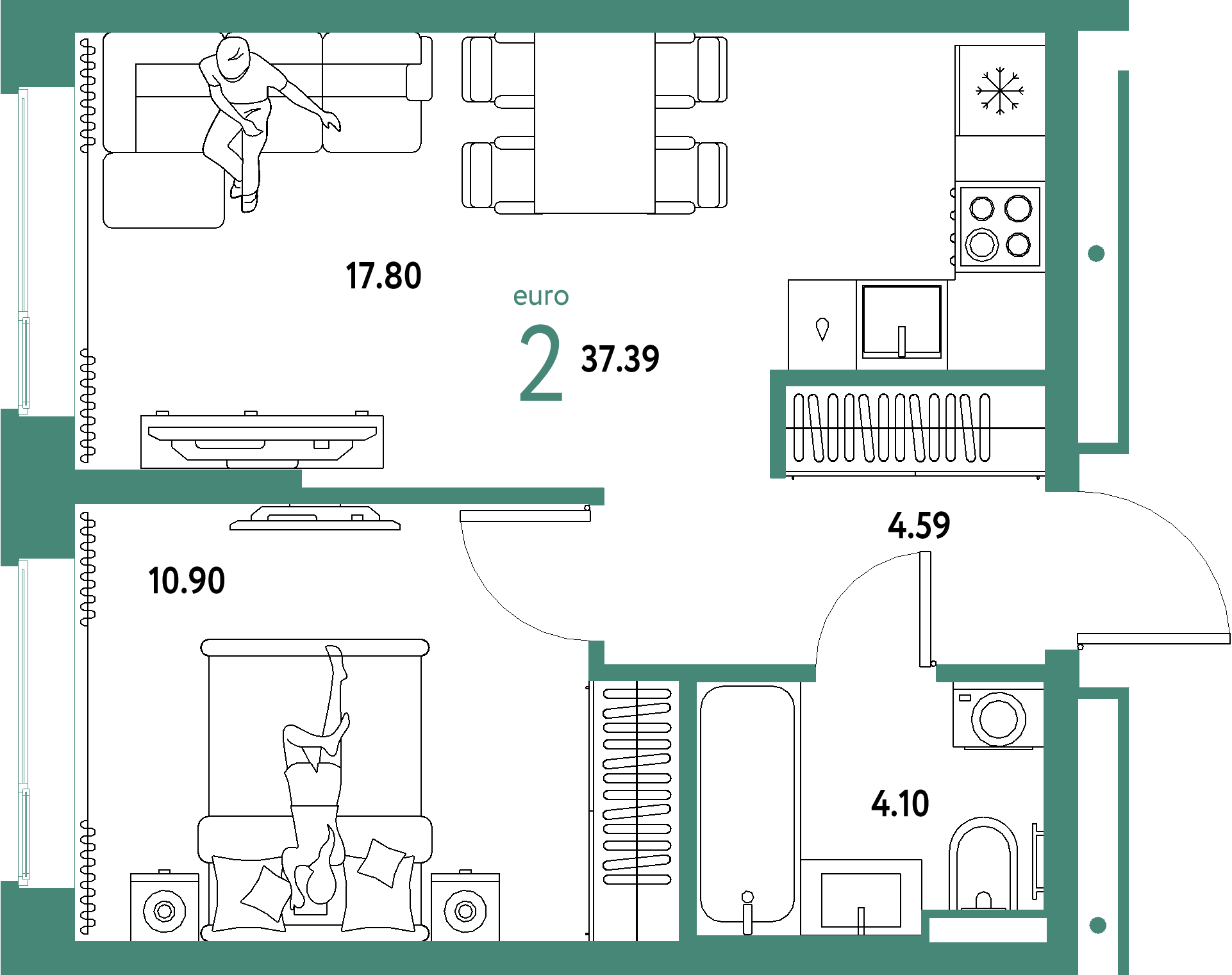 ЖК "Домашний"-2-комнатная 37.39 м²