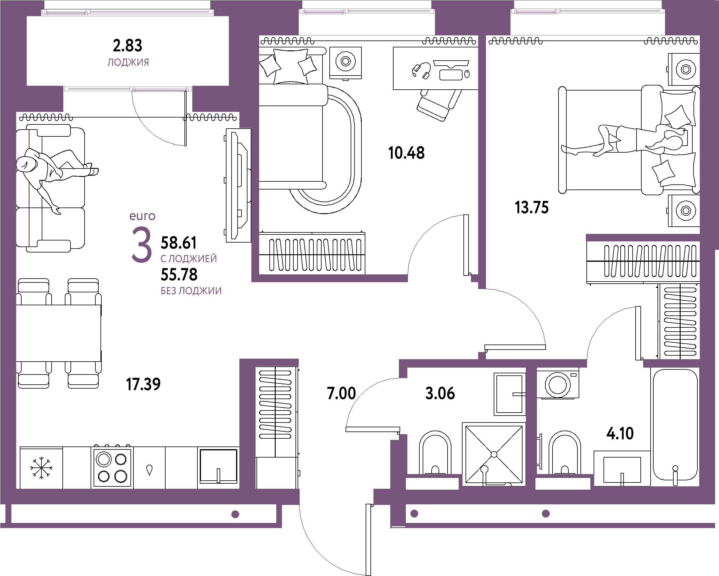 ЖК "Домашний"-3-комнатная 58.61 м²