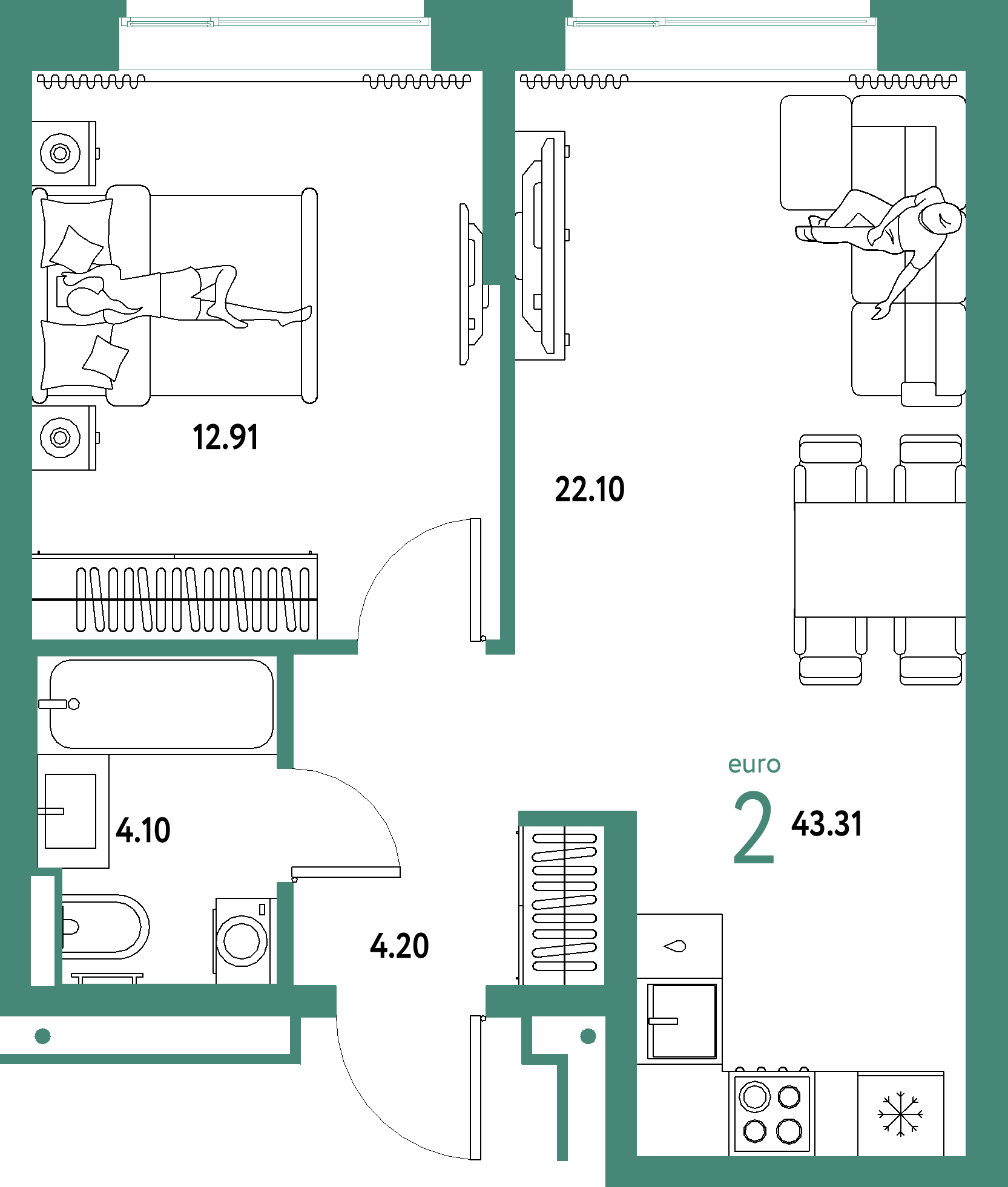 ЖК "Домашний"-2-комнатная 43.31 м²