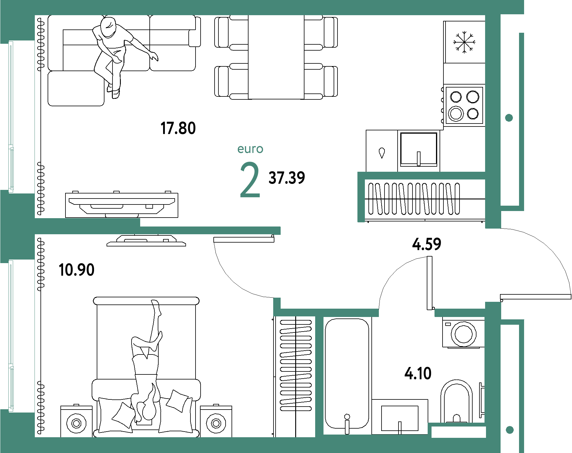 ЖК "Домашний"-2-комнатная 37.39 м²
