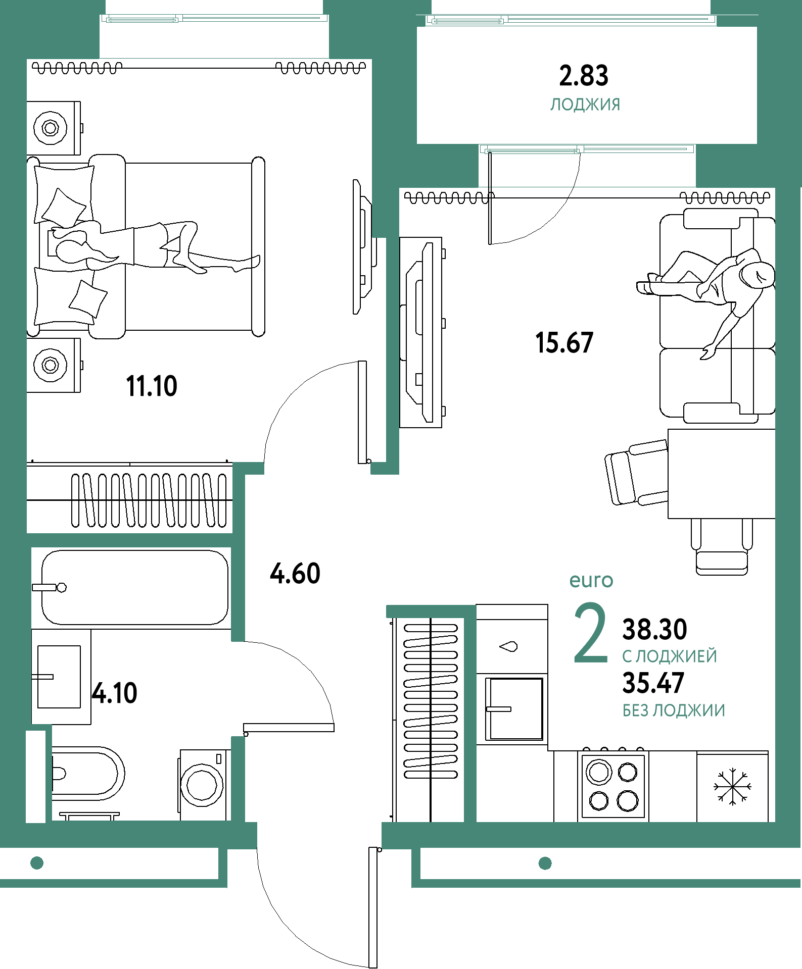 ЖК "Домашний"-2-комнатная 38.3 м²
