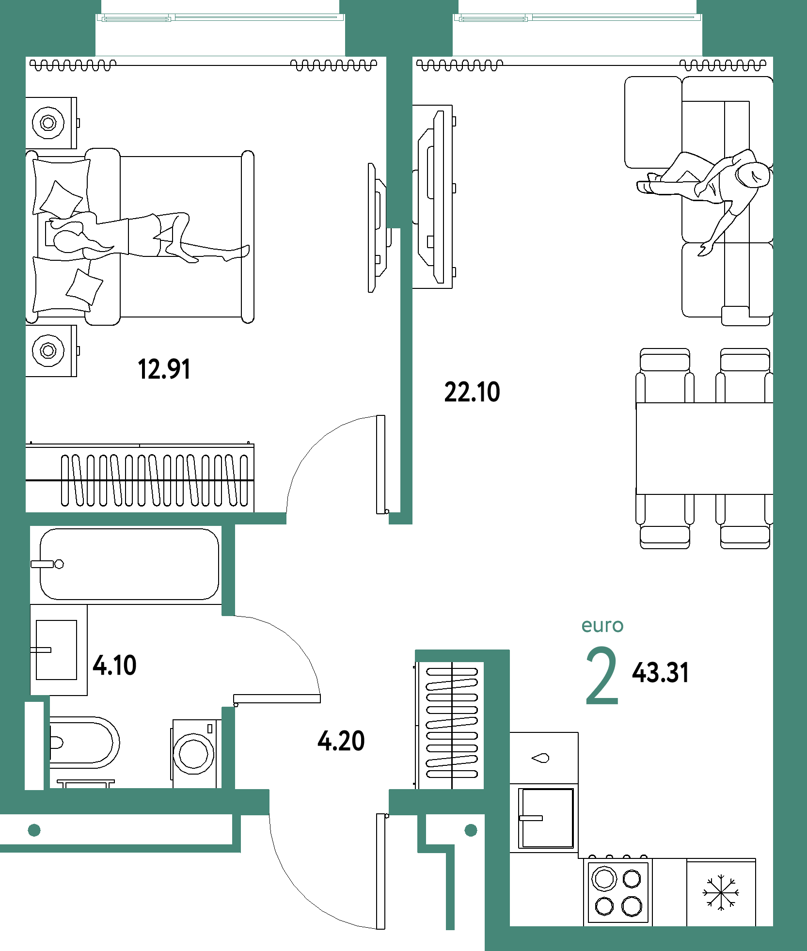 ЖК "Домашний"-2-комнатная 43.31 м²