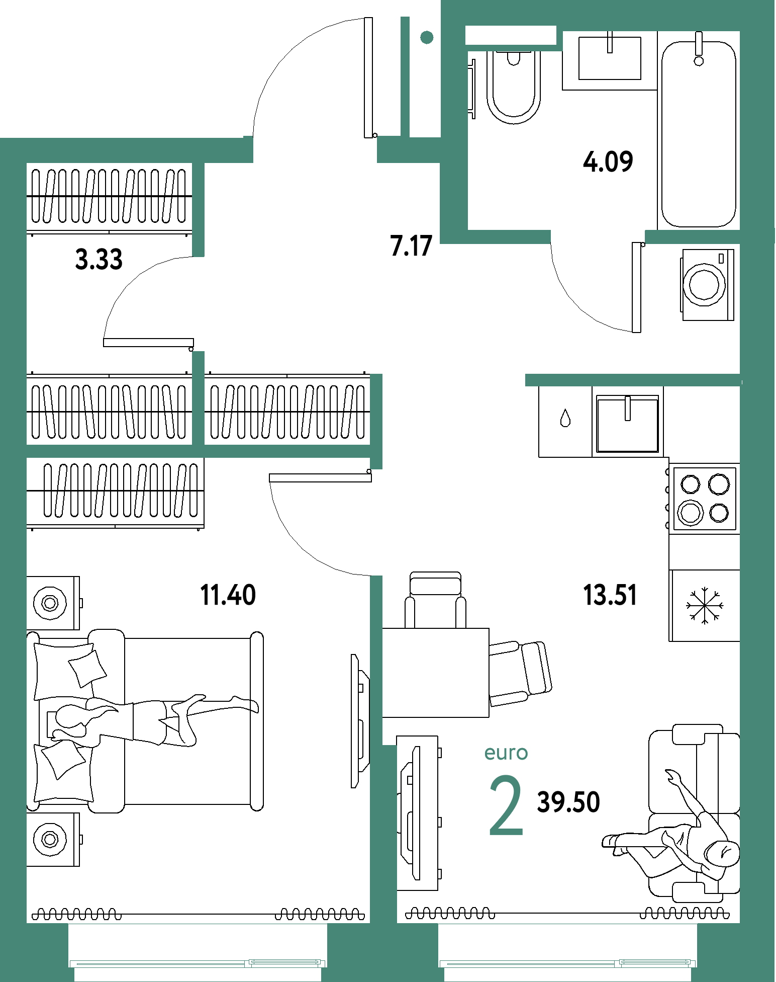 ЖК "Домашний"-2-комнатная 39.5 м²