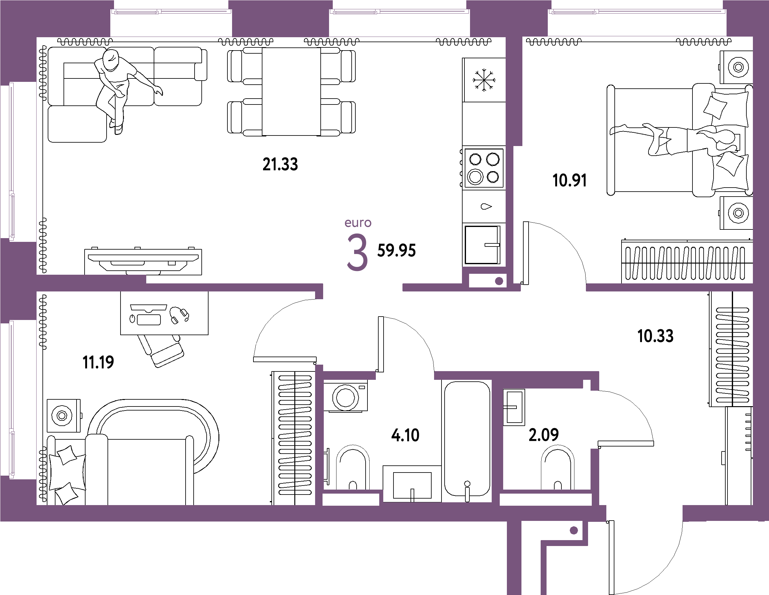 ЖК "Домашний"-3-комнатная 59.95 м²