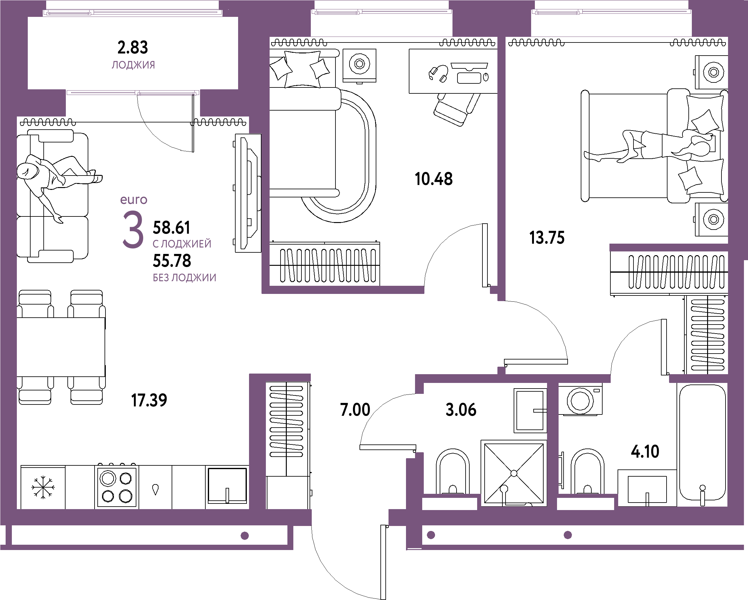 ЖК "Домашний"-3-комнатная 58.61 м²