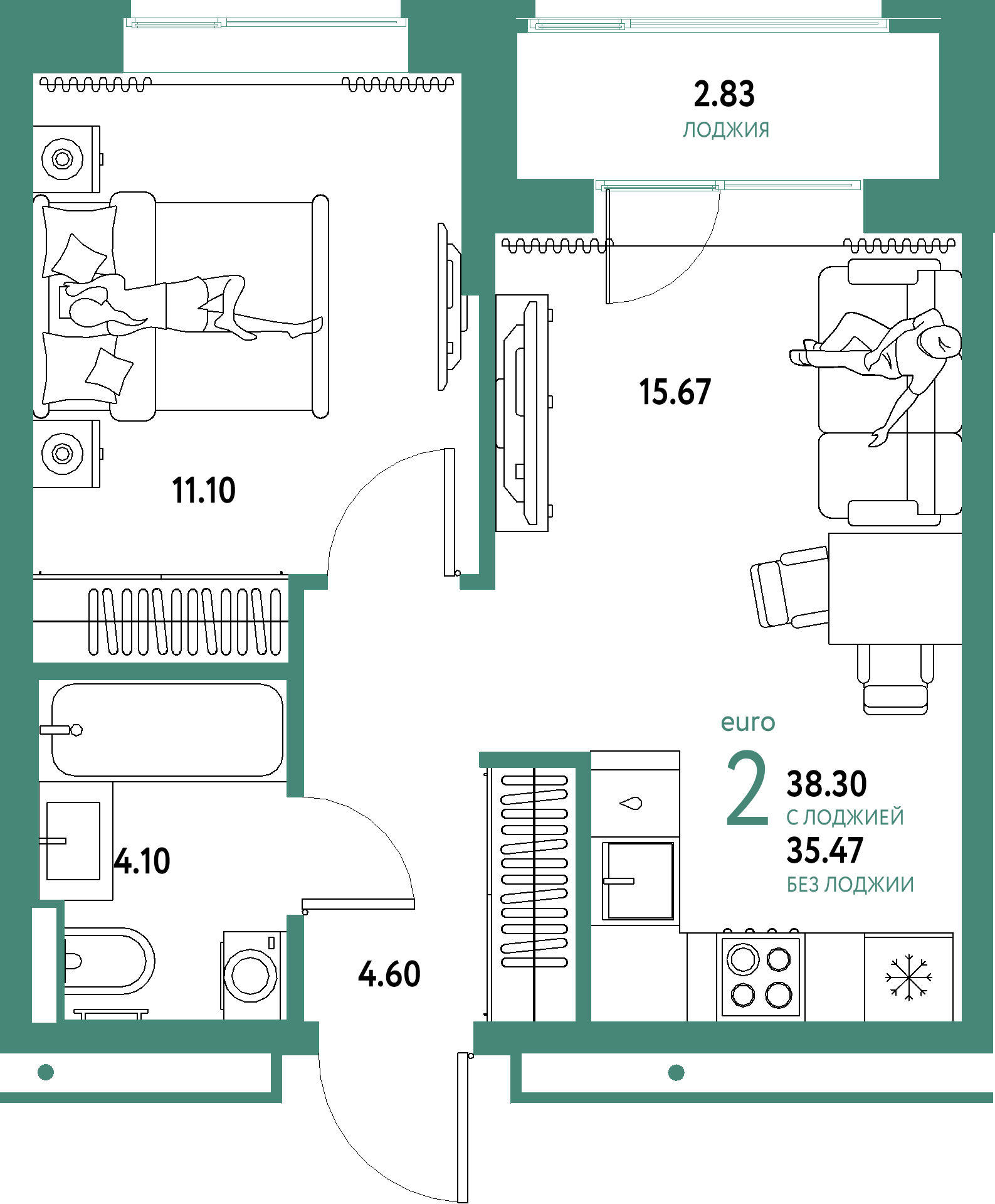 ЖК "Домашний"-2-комнатная 38.3 м²