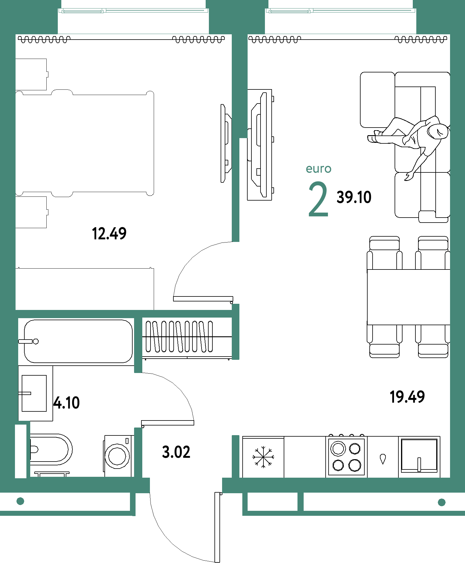 ЖК "Домашний"-2-комнатная 39.1 м²