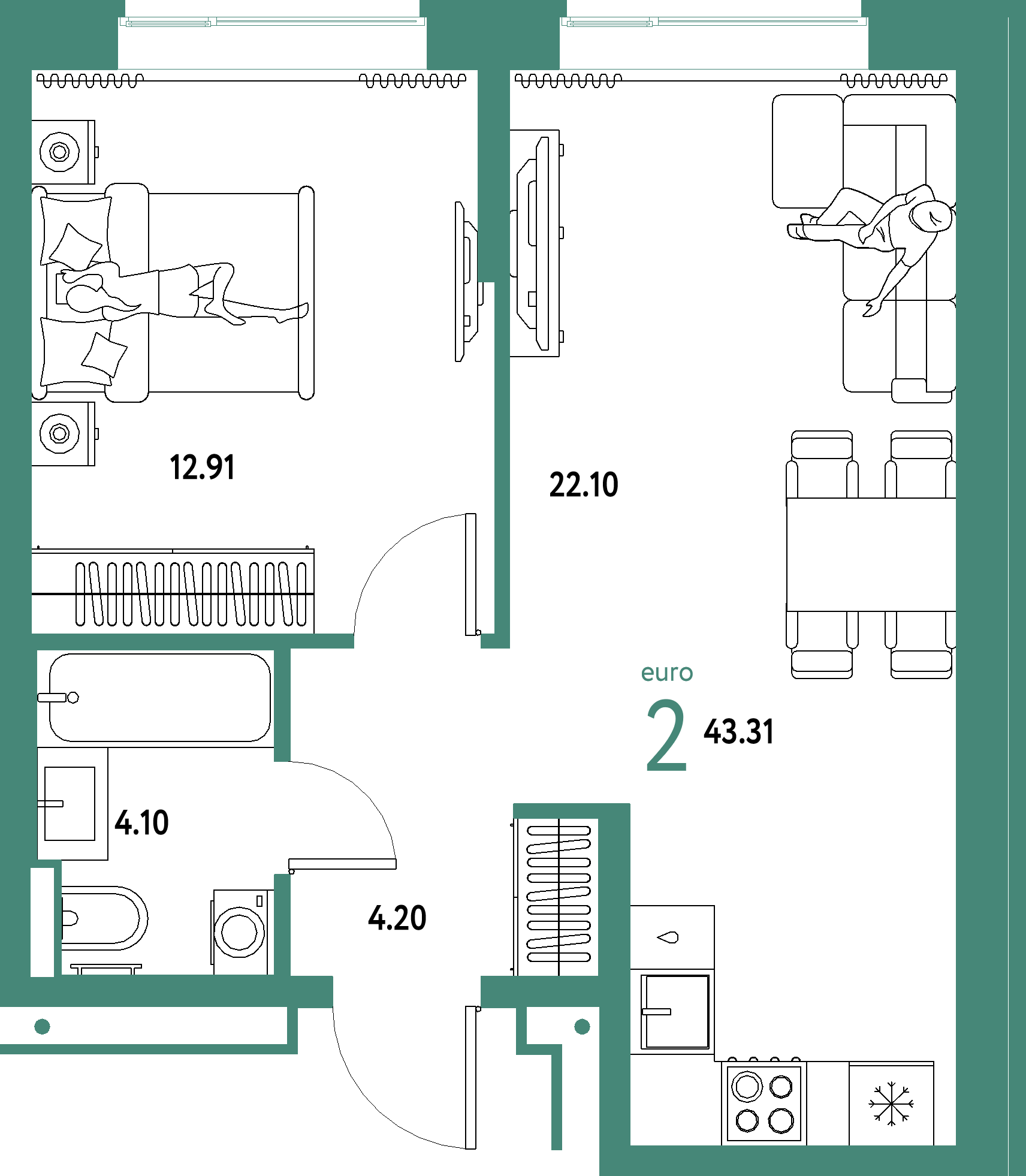 ЖК "Домашний"-2-комнатная 43.31 м²
