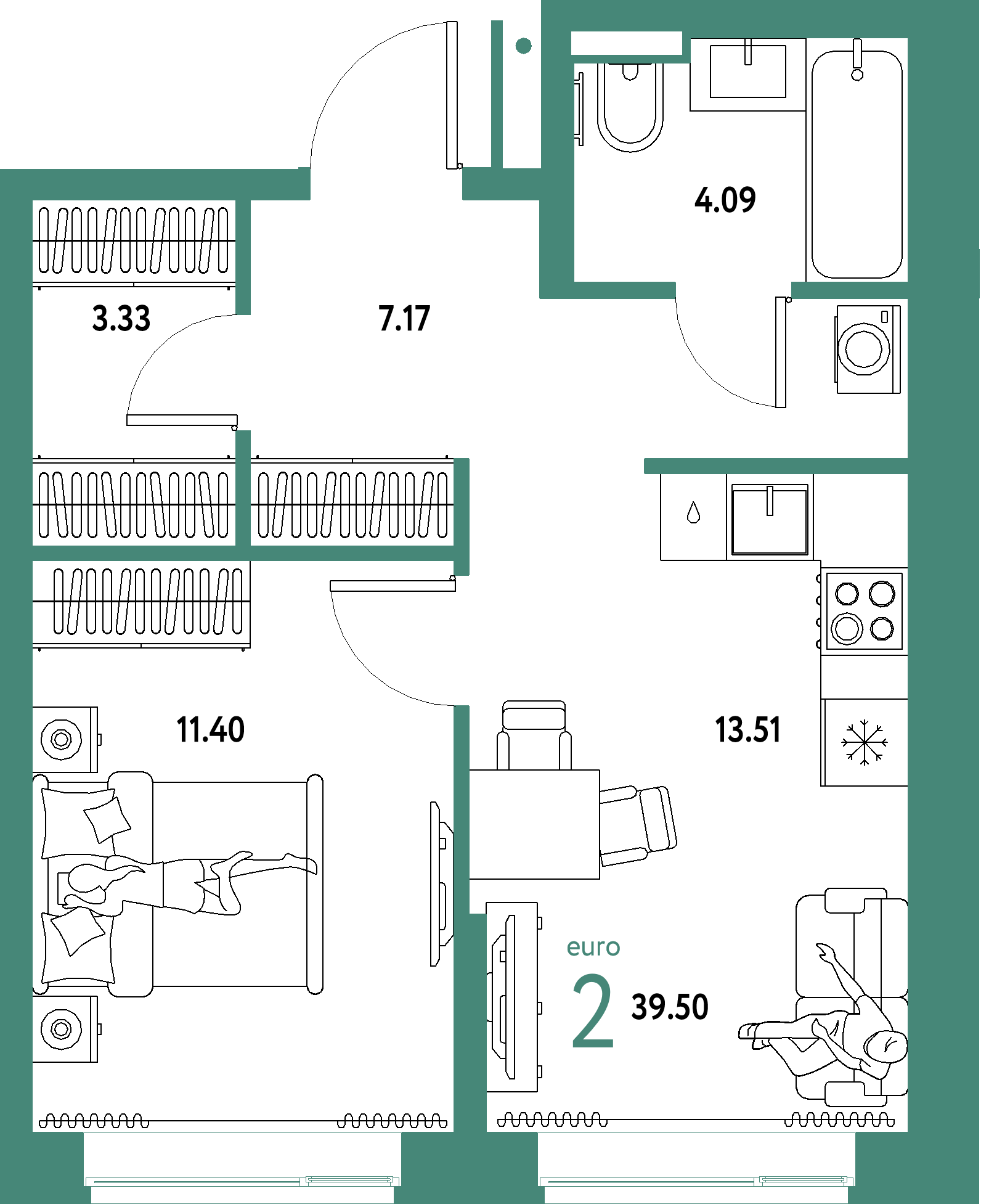 ЖК "Домашний"-2-комнатная 39.5 м²