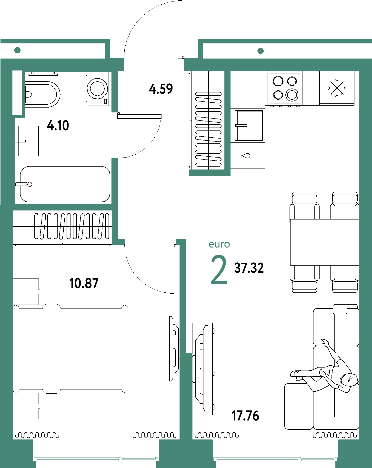 ЖК "Домашний"-2-комнатная 37.32 м²