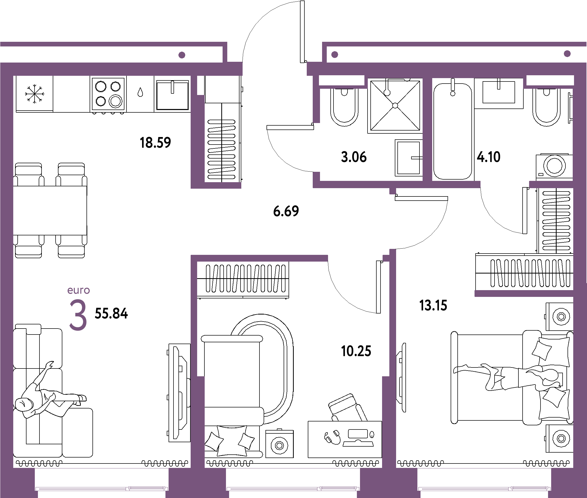 ЖК "Домашний"-3-комнатная 55.84 м²