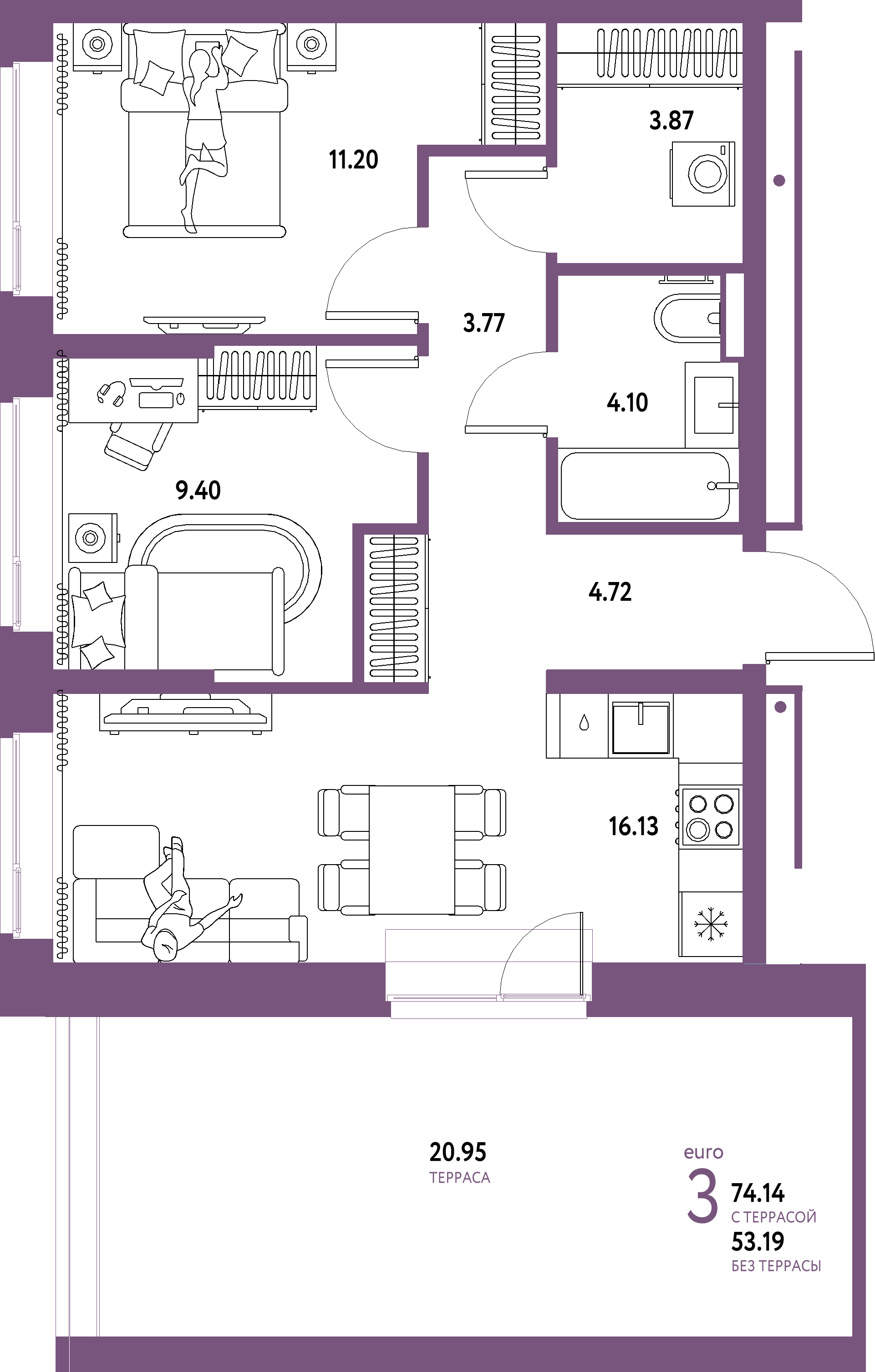 ЖК "Домашний"-3-комнатная 74.14 м²