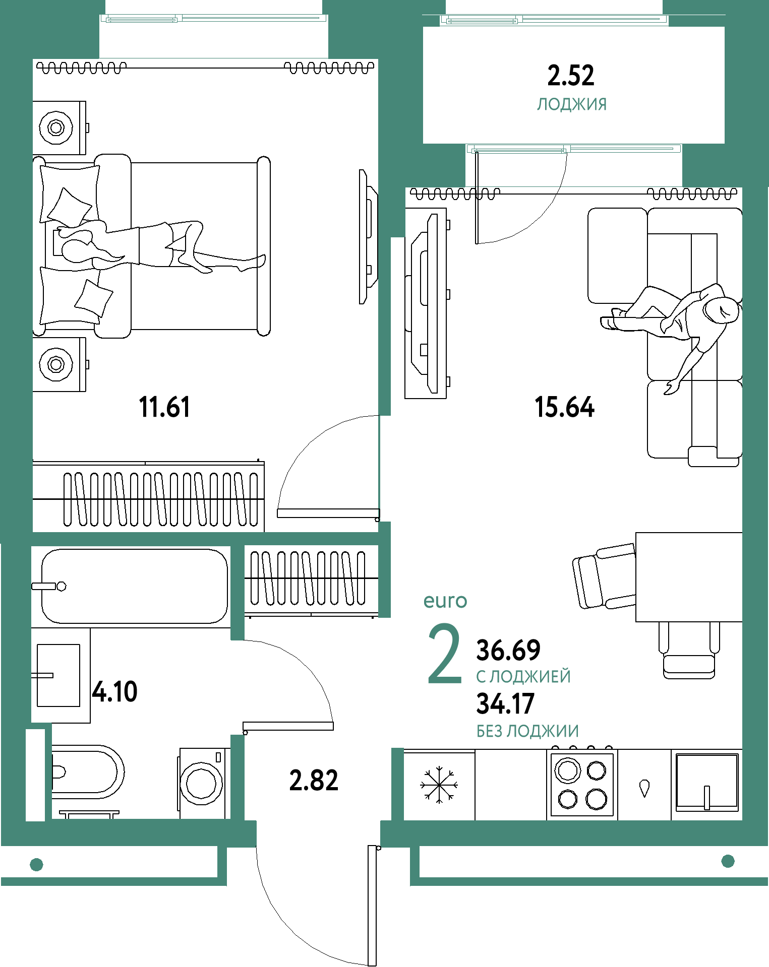 ЖК "Домашний"-2-комнатная 36.69 м²