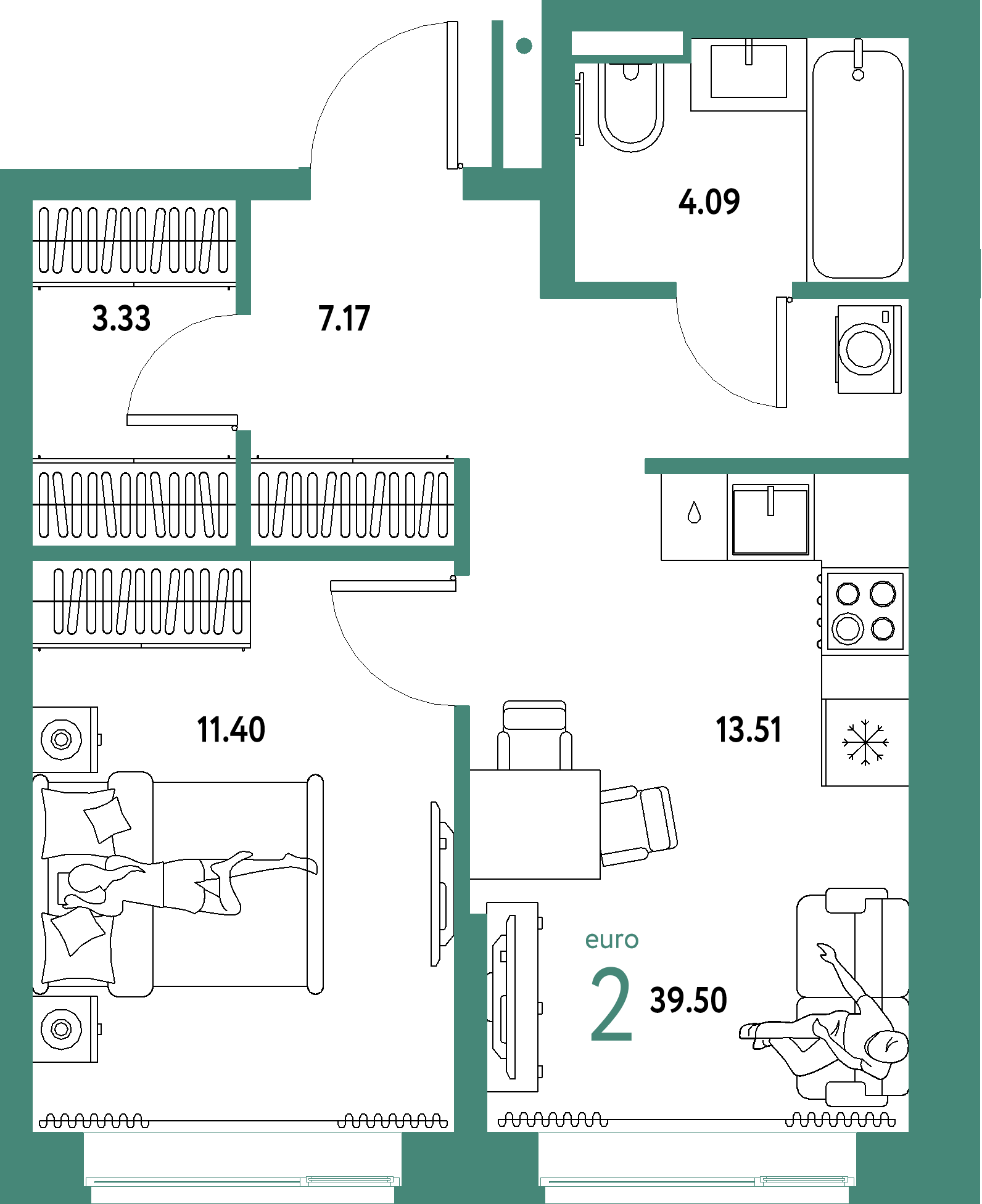 ЖК "Домашний"-2-комнатная 39.5 м²