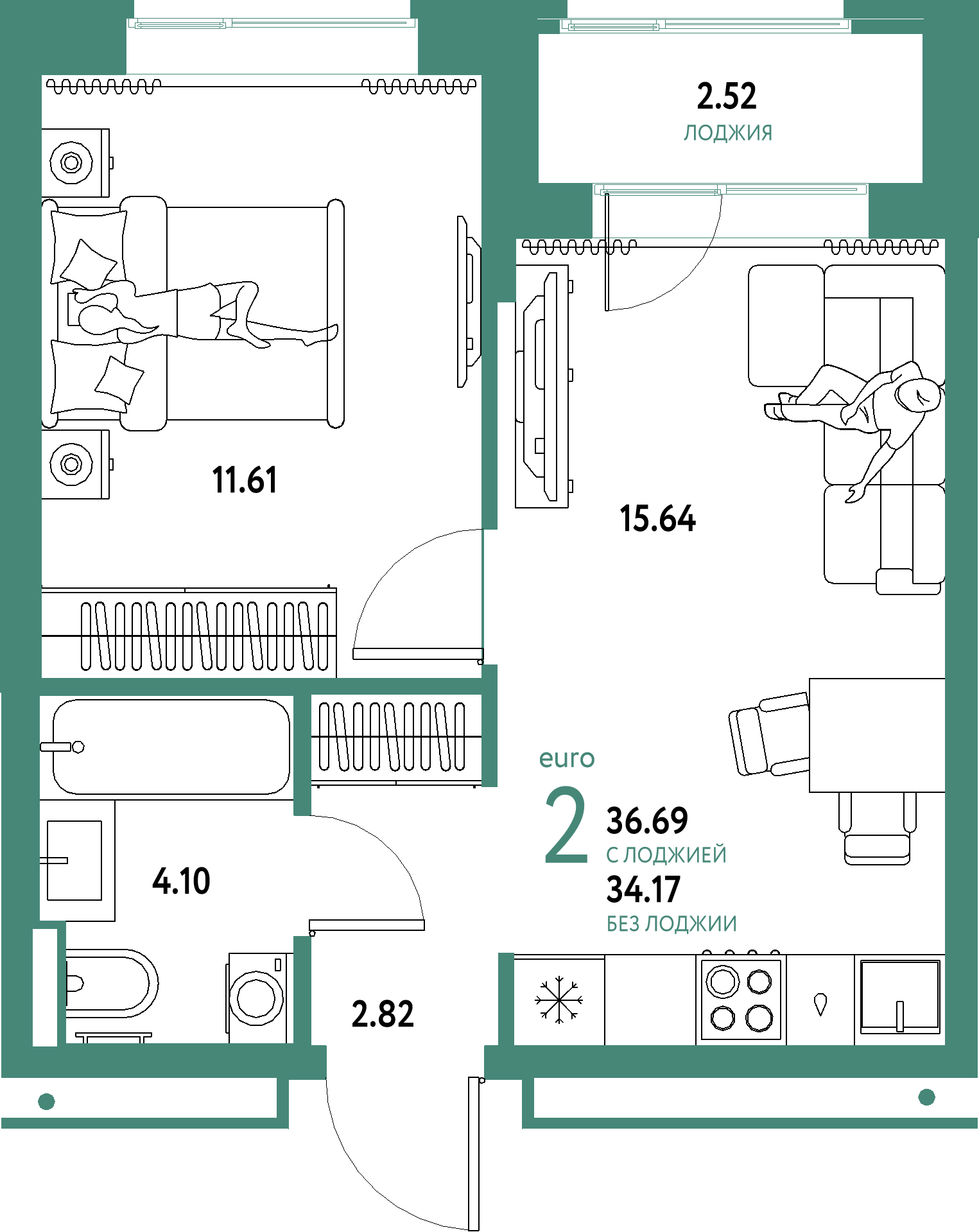 ЖК "Домашний"-2-комнатная 36.69 м²