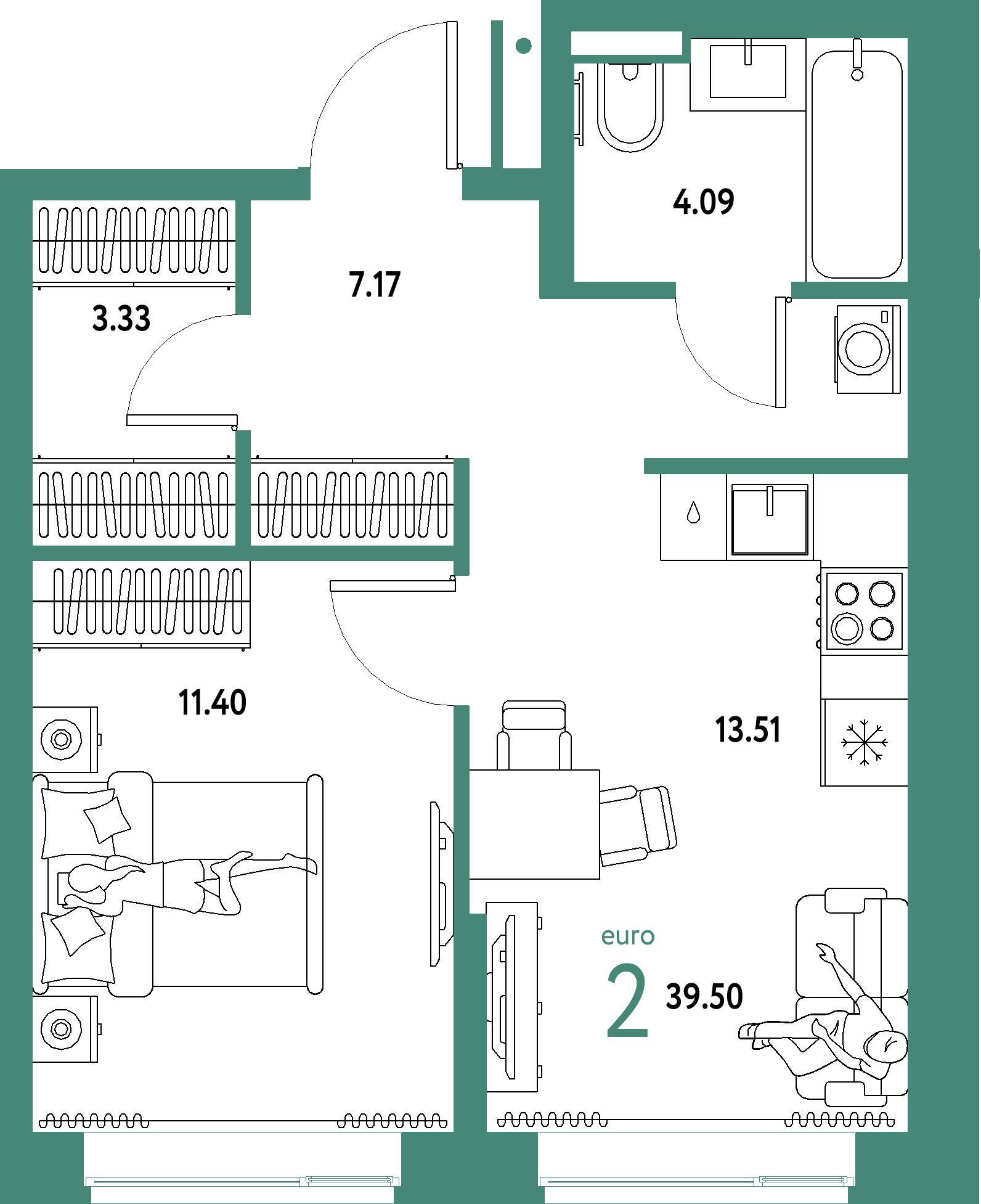ЖК "Домашний"-2-комнатная 39.5 м²