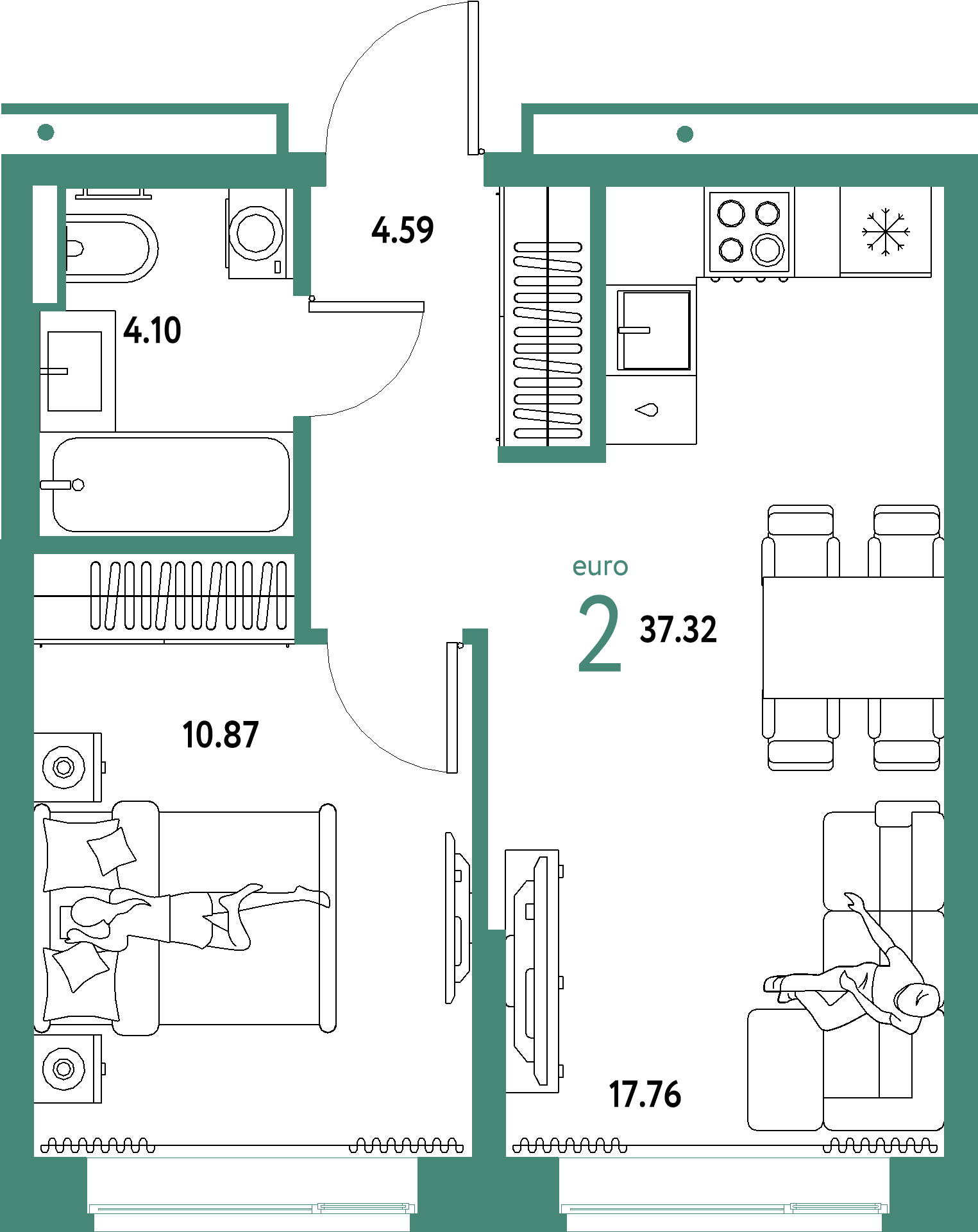 ЖК "Домашний"-2-комнатная 37.32 м²