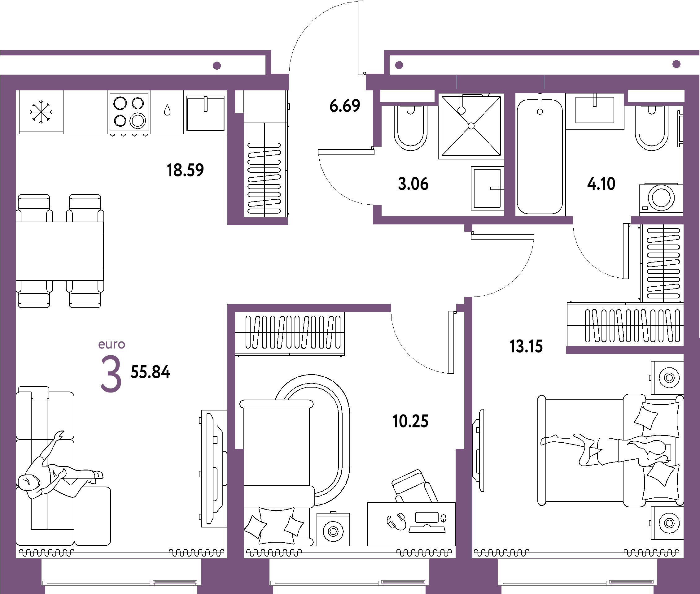 ЖК "Домашний"-3-комнатная 55.84 м²