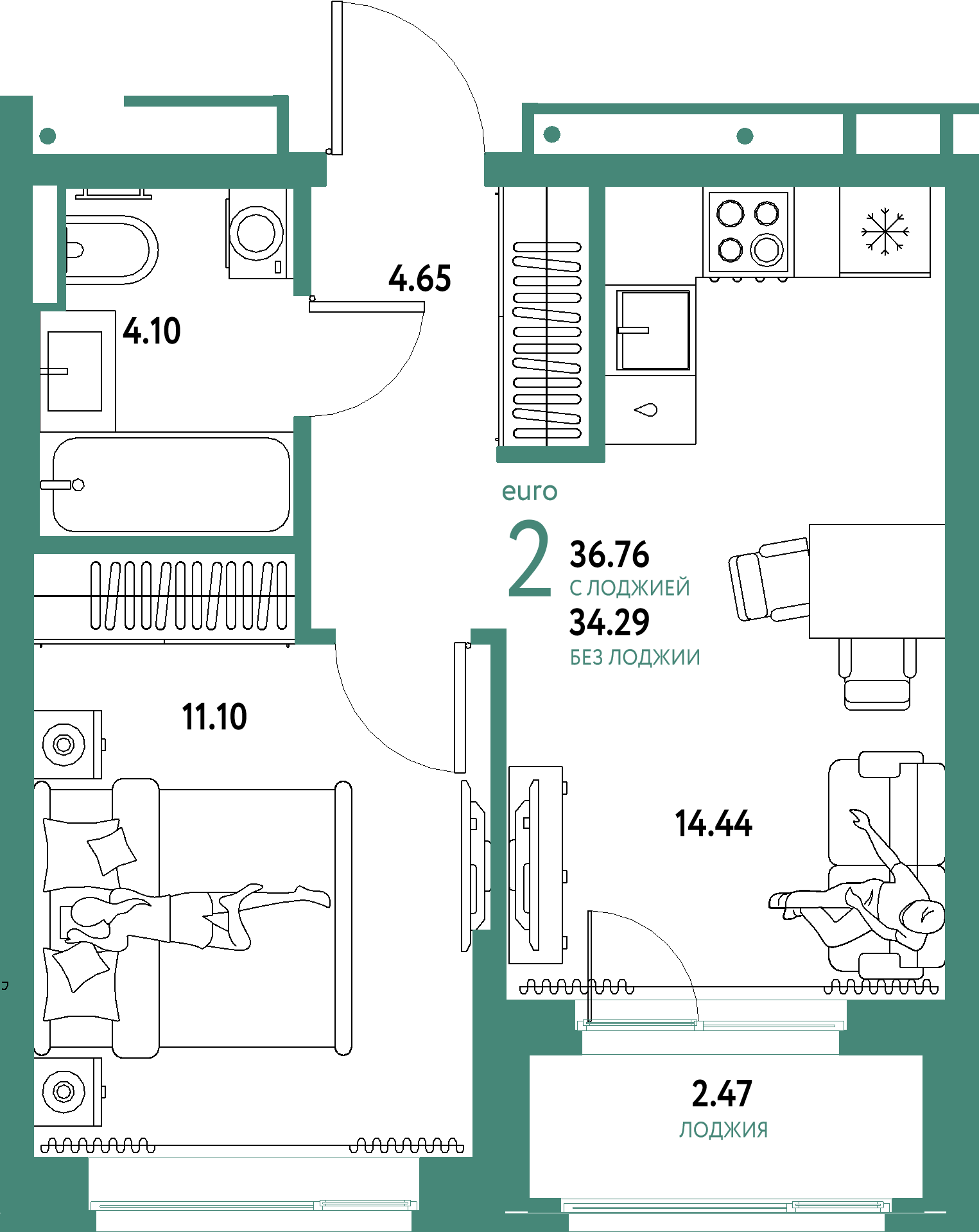ЖК "Домашний"-2-комнатная 36.76 м²