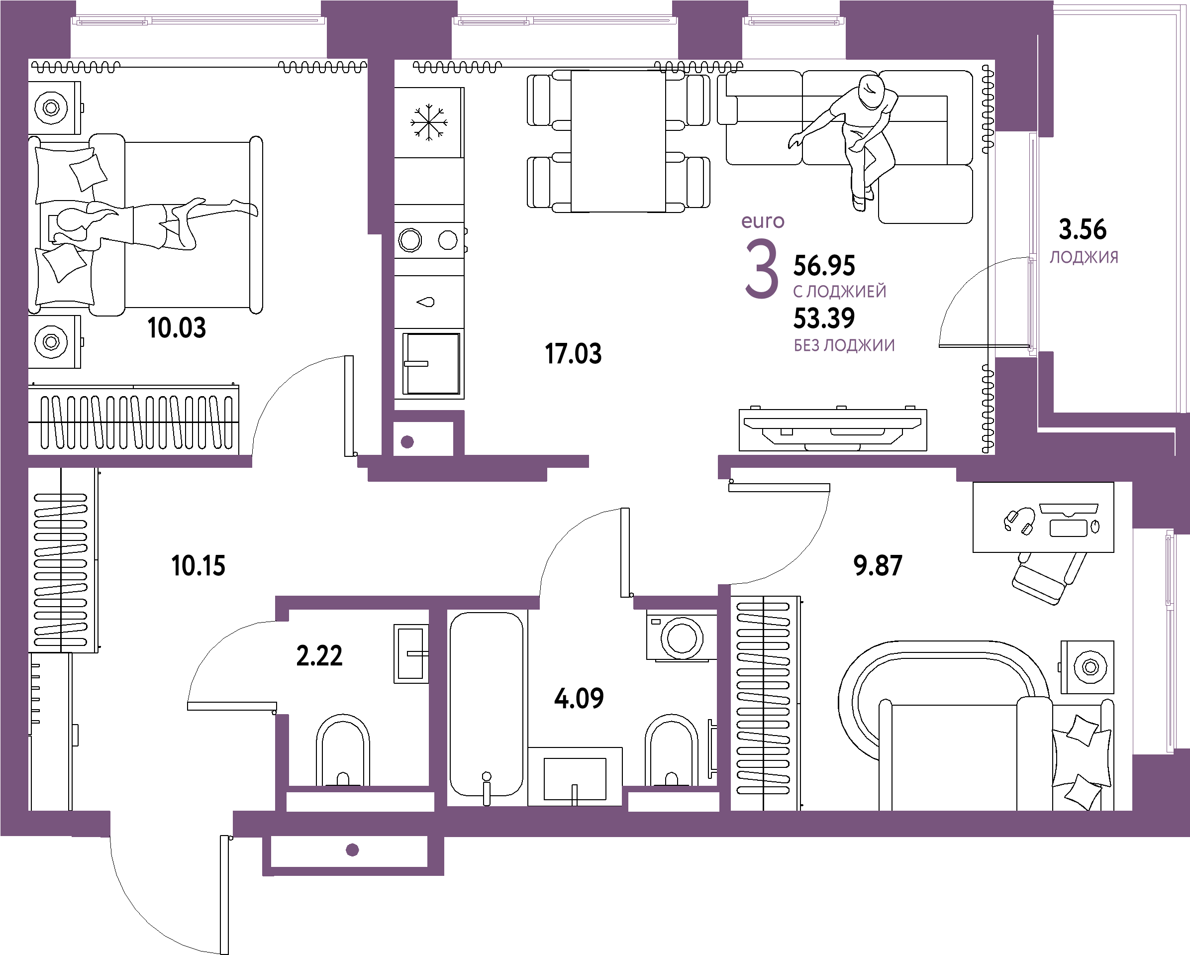 ЖК "Домашний"-3-комнатная 56.95 м²
