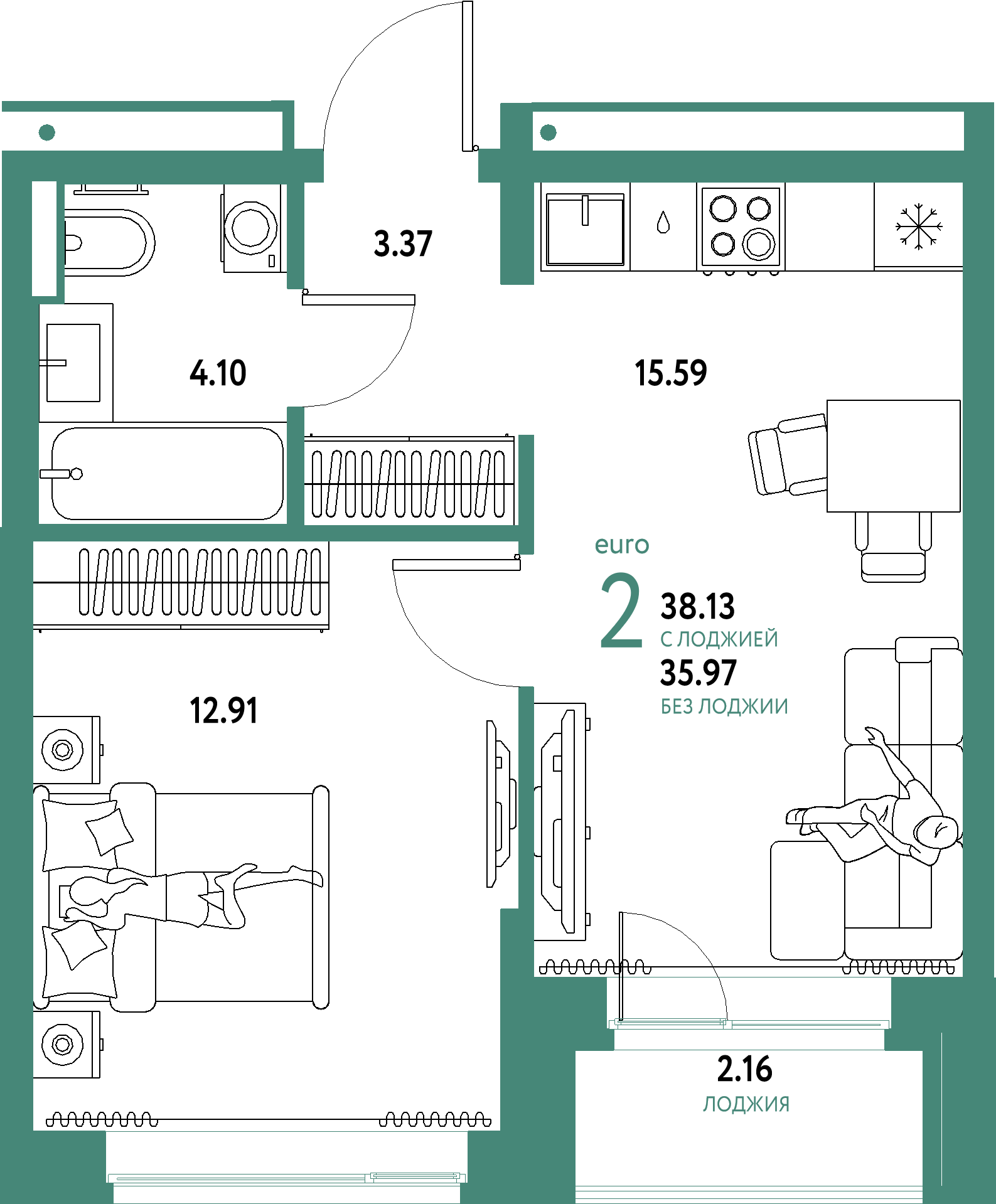 ЖК "Домашний"-2-комнатная 38.13 м²