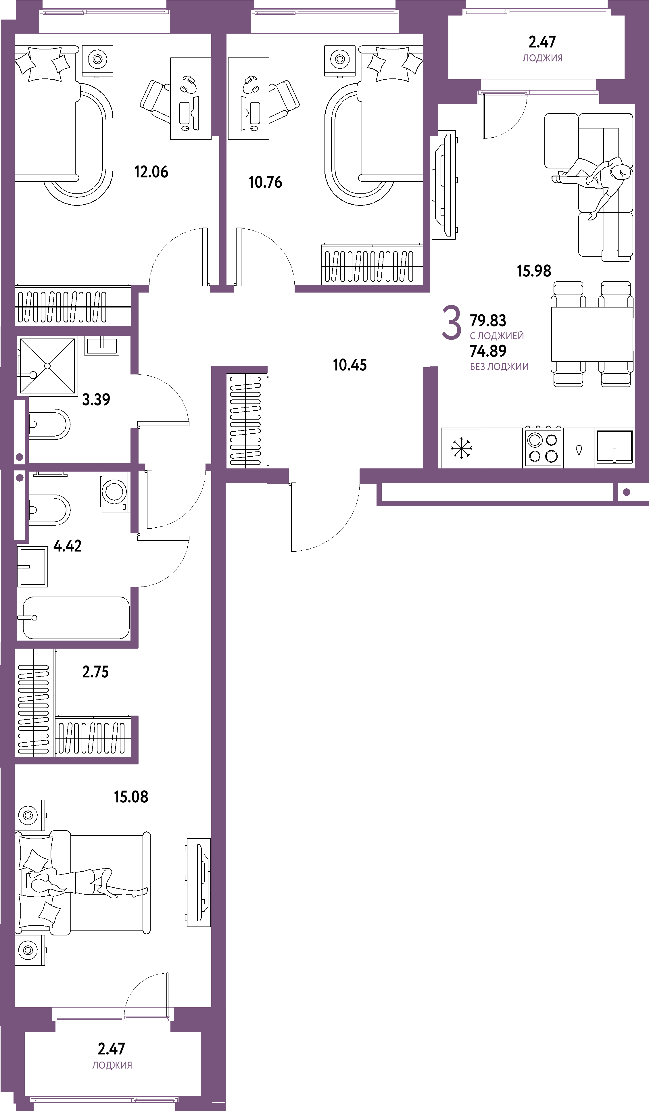 ЖК "Домашний"-3-комнатная 79.83 м²