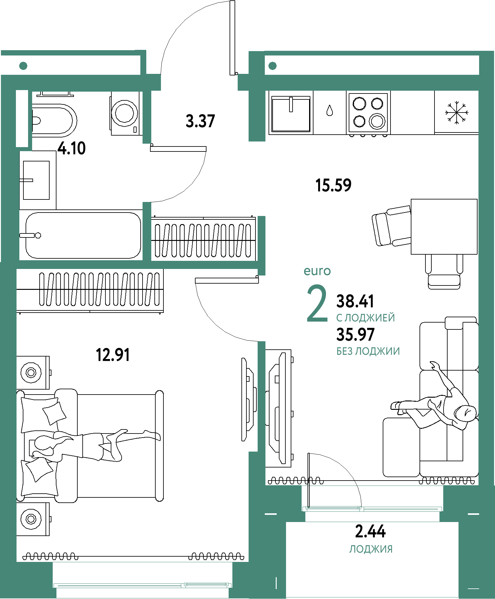 ЖК "Домашний"-2-комнатная 38.41 м²