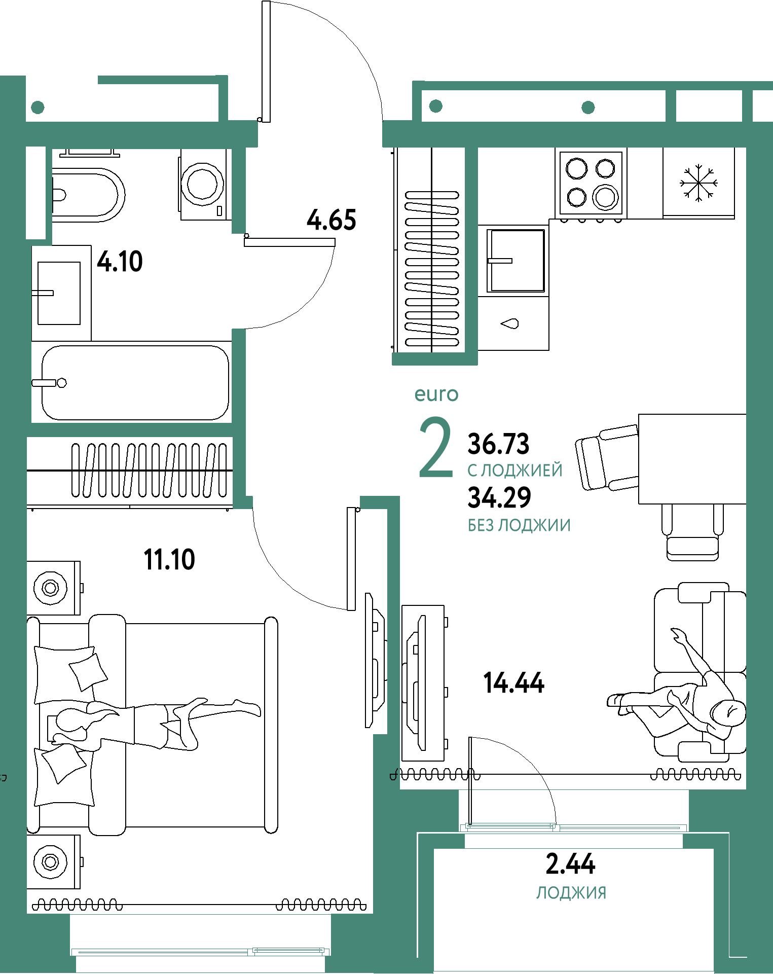 ЖК "Домашний"-2-комнатная 36.73 м²
