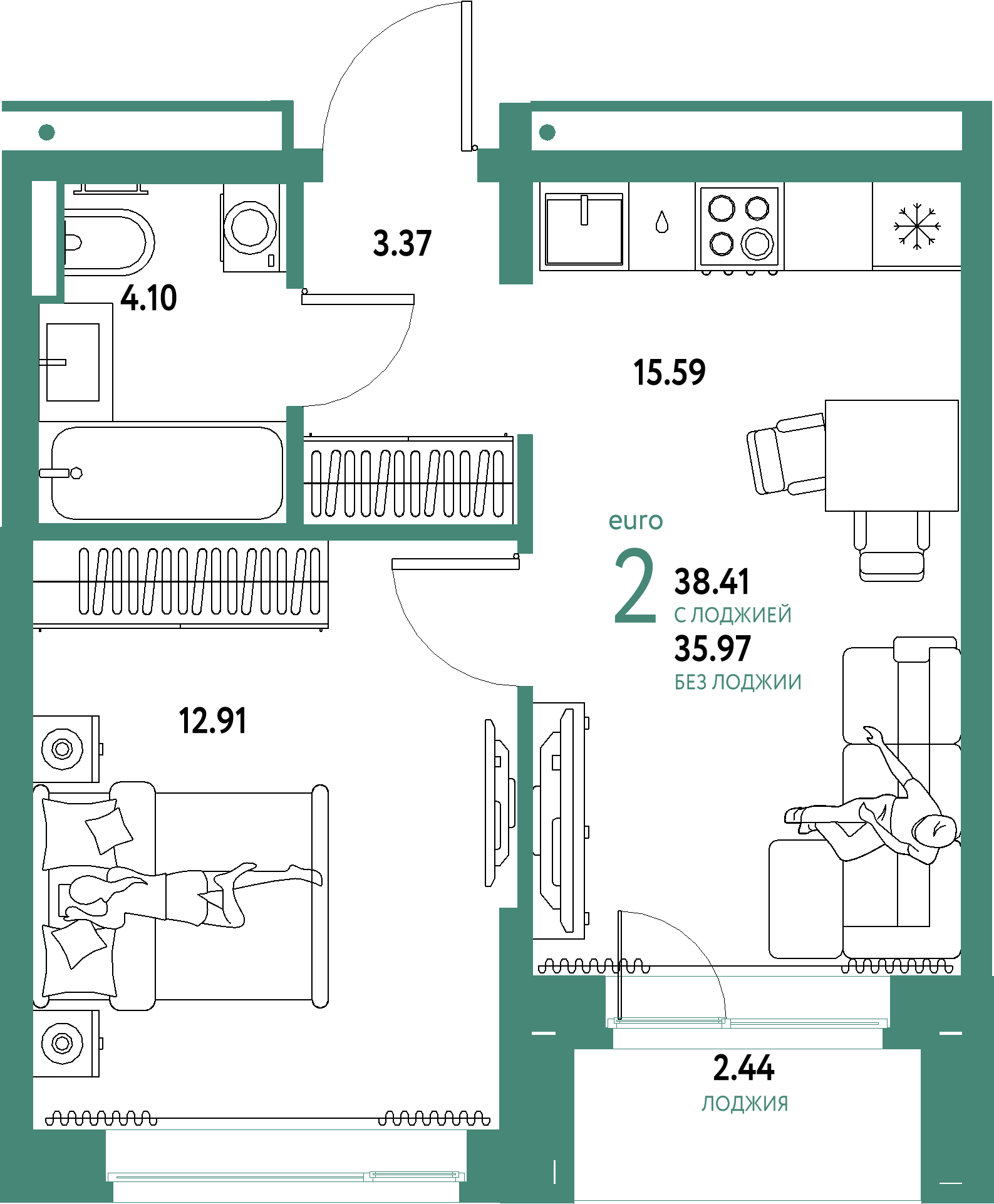 ЖК "Домашний"-2-комнатная 38.41 м²