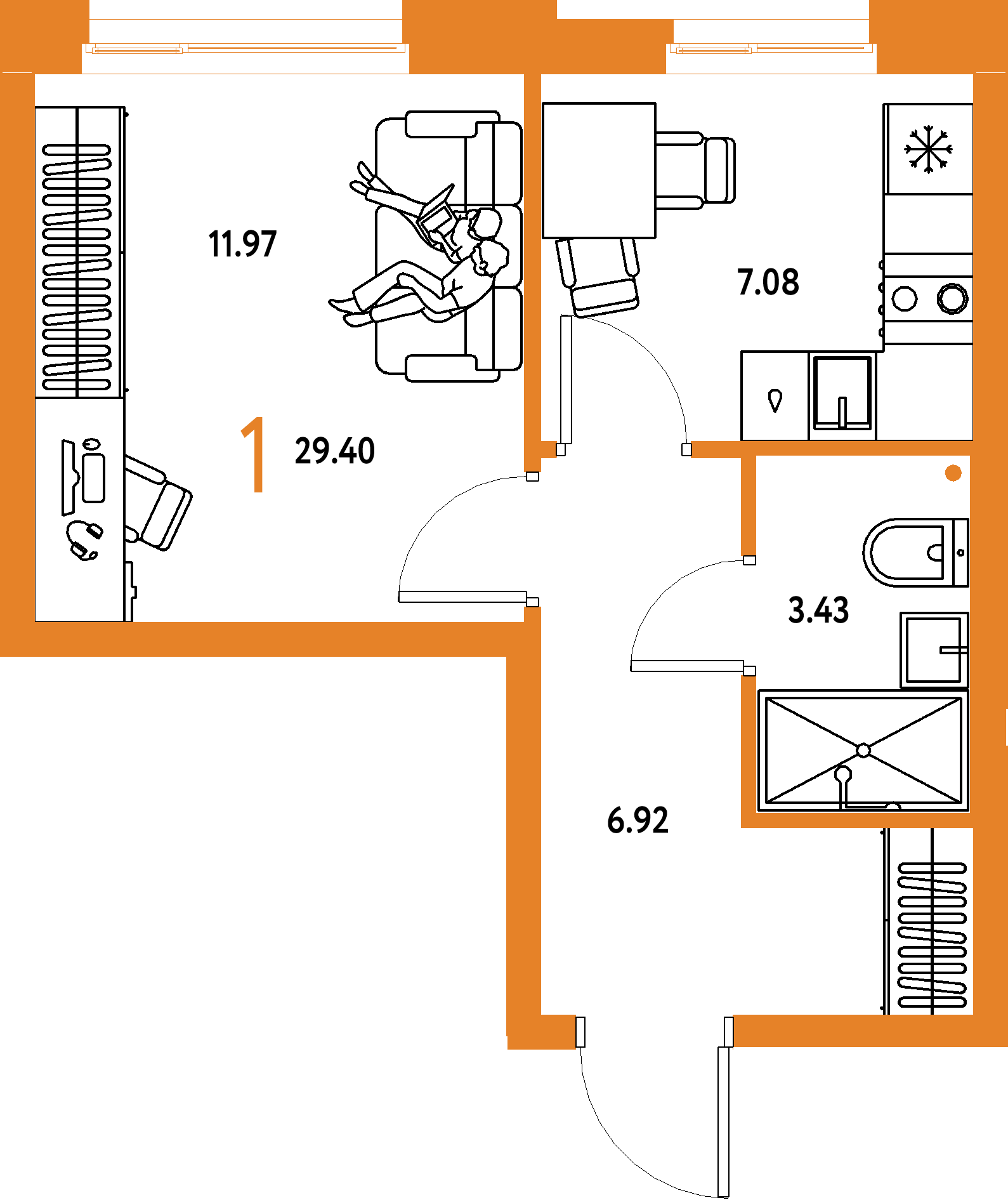 Купить 1-комнатную квартиру 29.4м², этаж №2 кв №1 в ЖК 