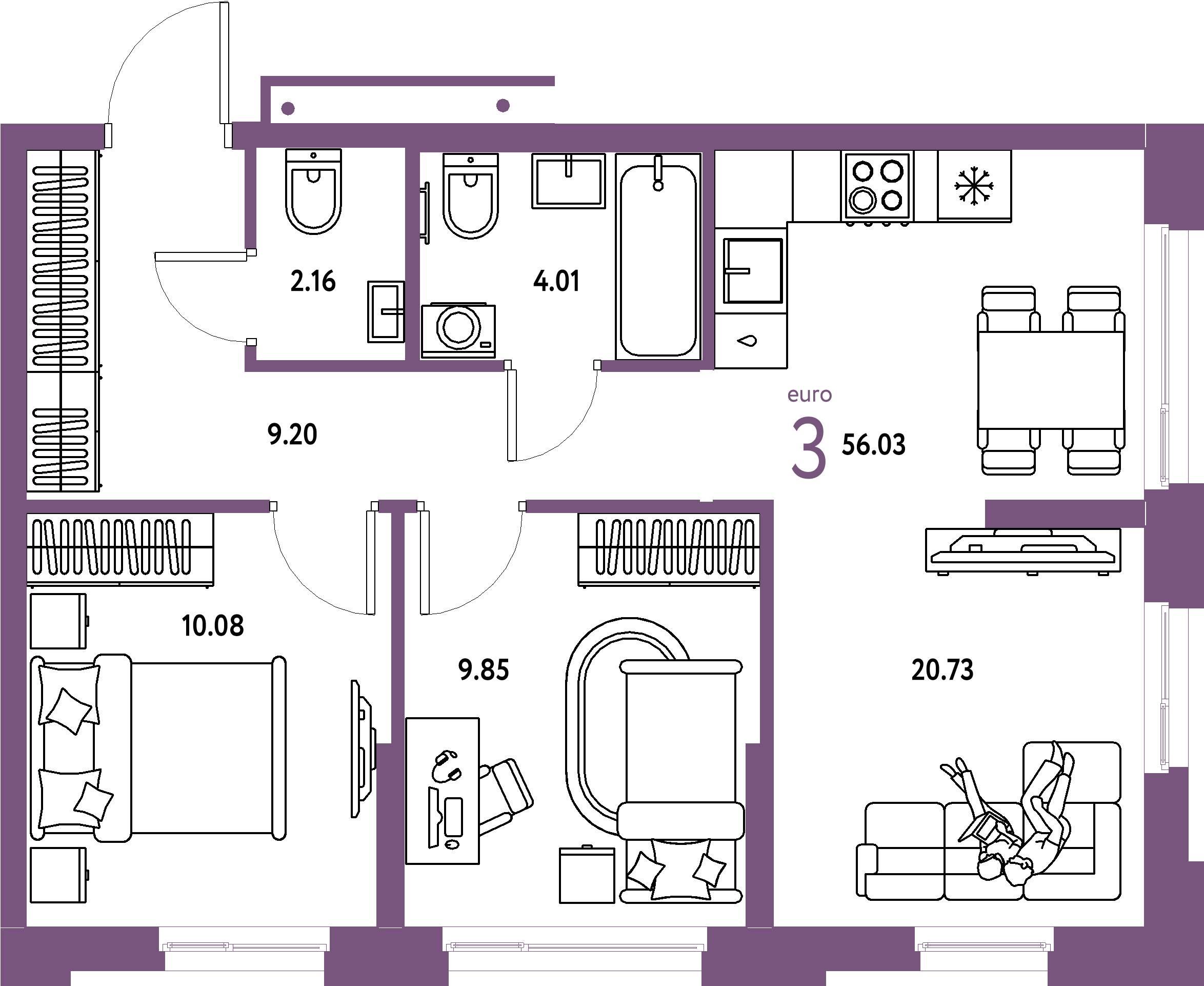 Купить 3-комнатную квартиру 56.03м², этаж №2 кв №4 в ЖК 