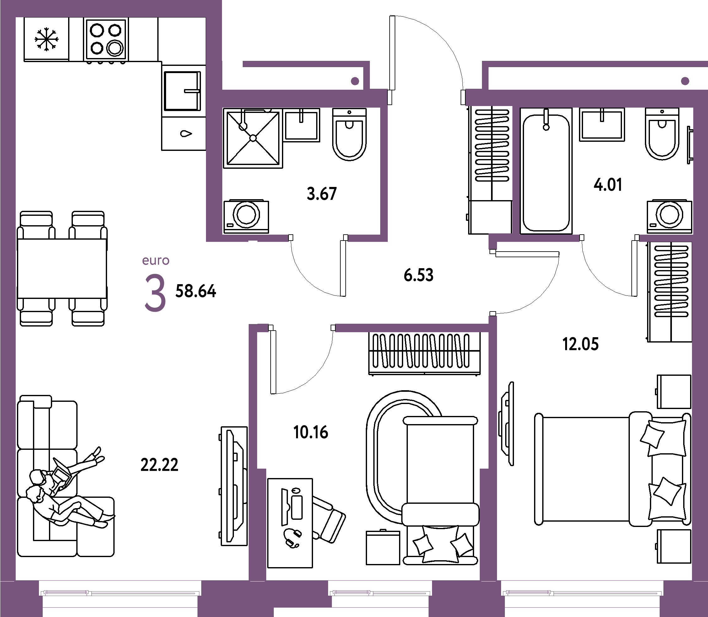 Купить 3-комнатную квартиру 58.64м², этаж №2 кв №7 в ЖК 