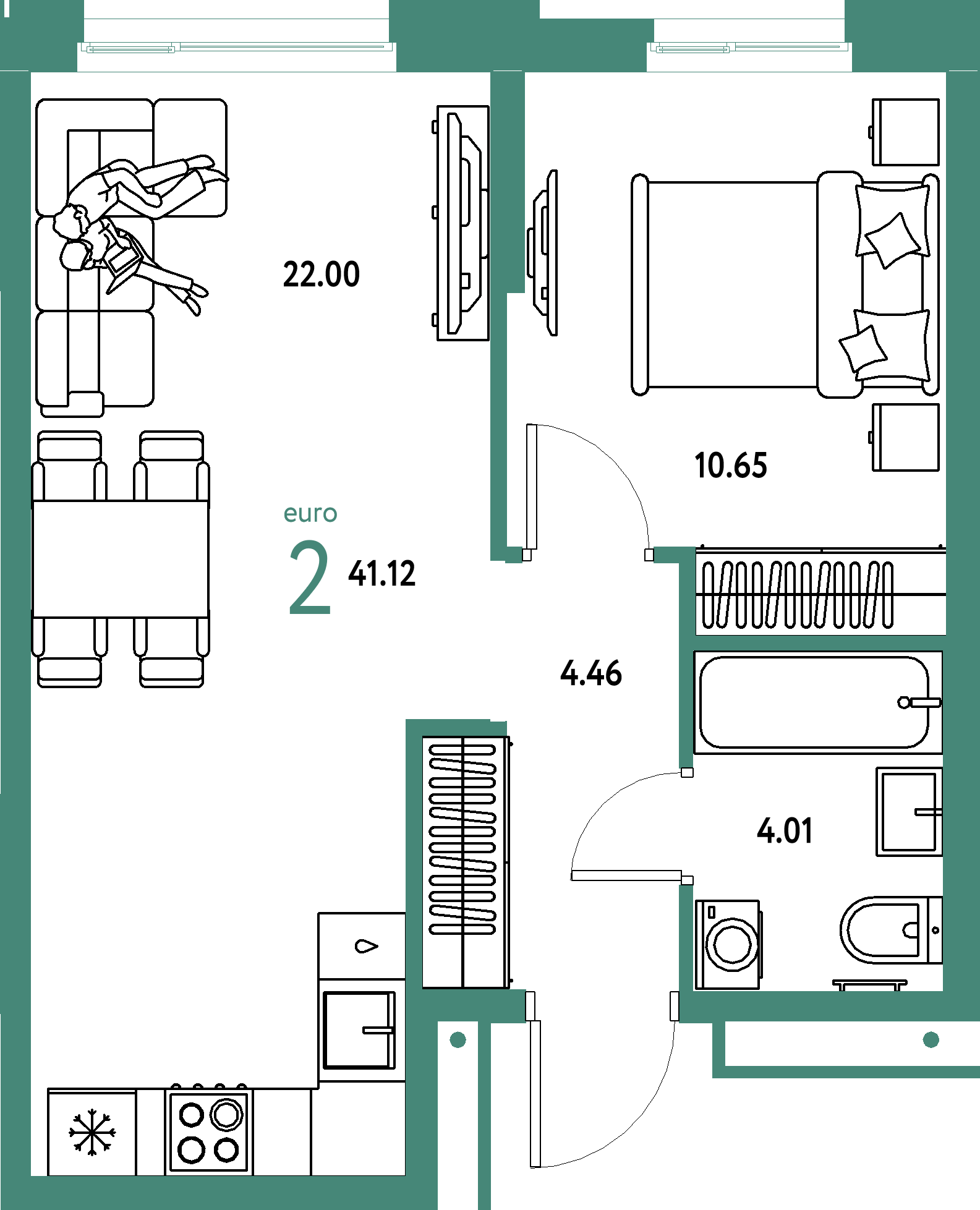 ЖК "Домашний"-2-комнатная 41.12 м²