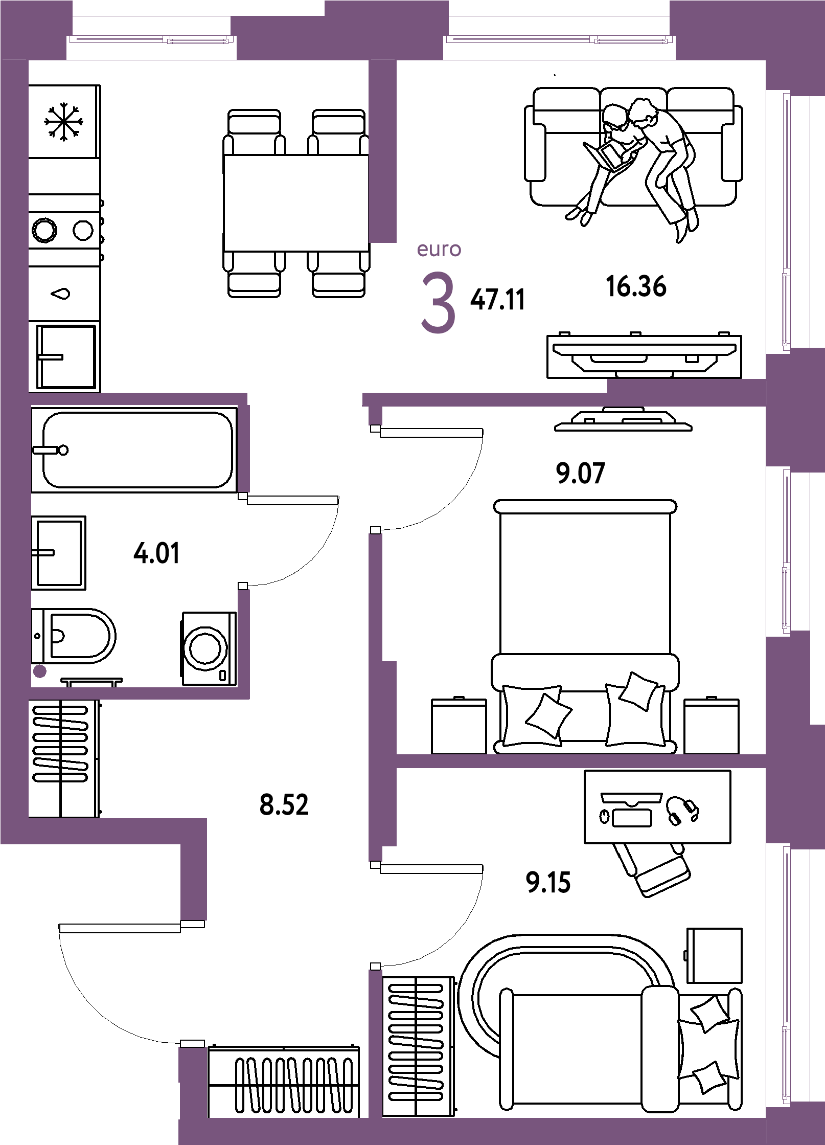 Купить 3-комнатную квартиру 47.11м², этаж №3 кв №13 в ЖК 