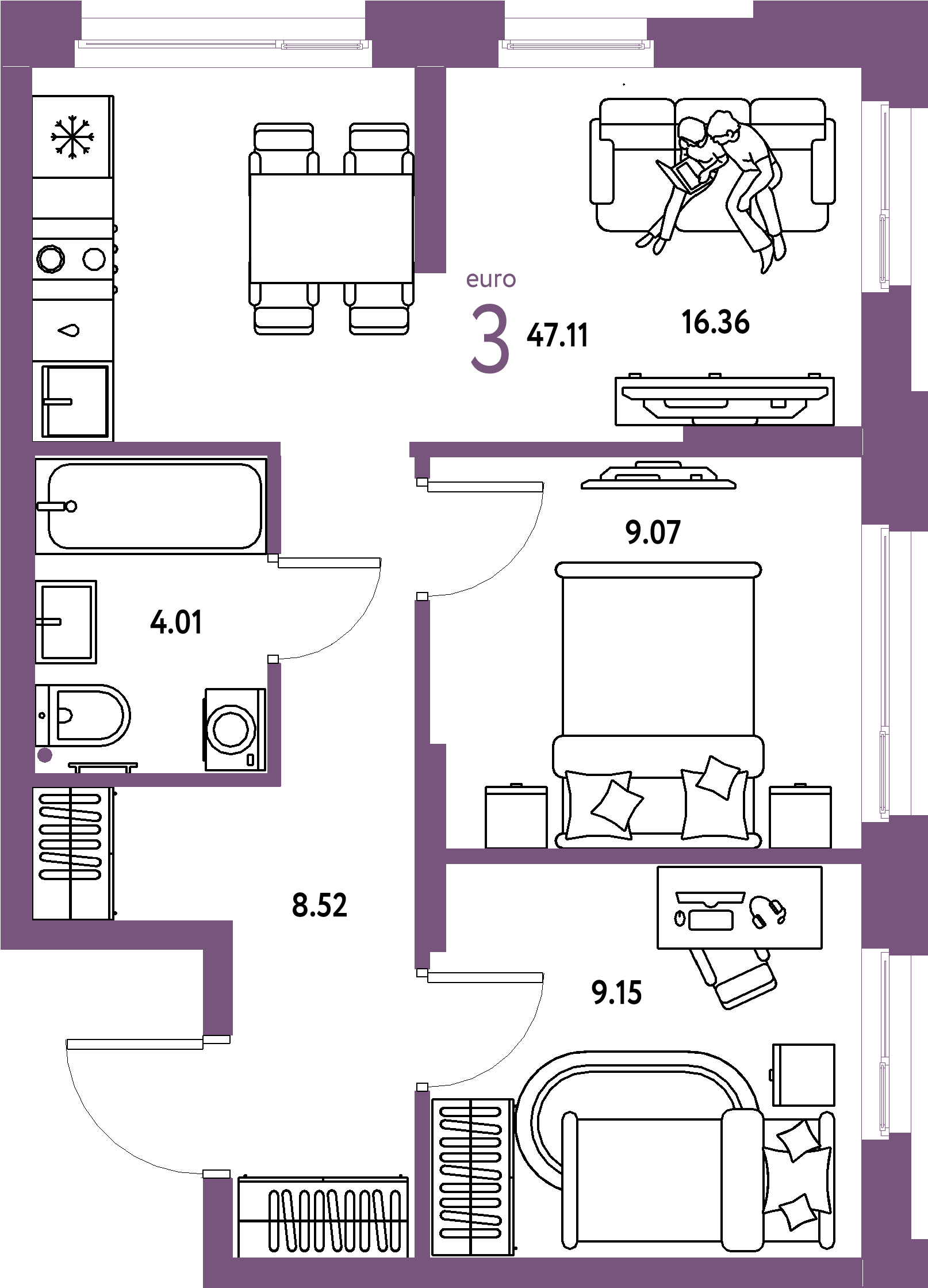 ЖК "Домашний"-3-комнатная 47.11 м²