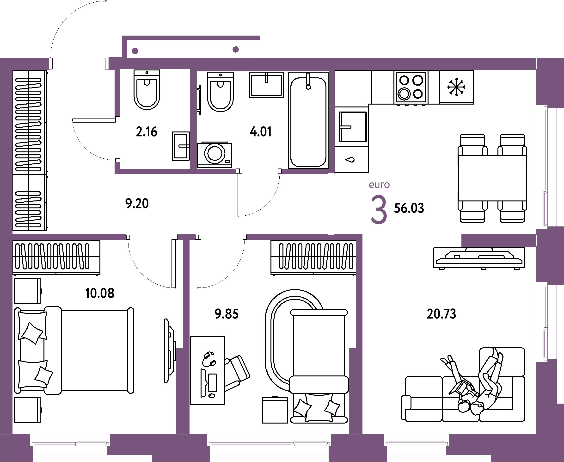 ЖК "Домашний"-3-комнатная 56.03 м²