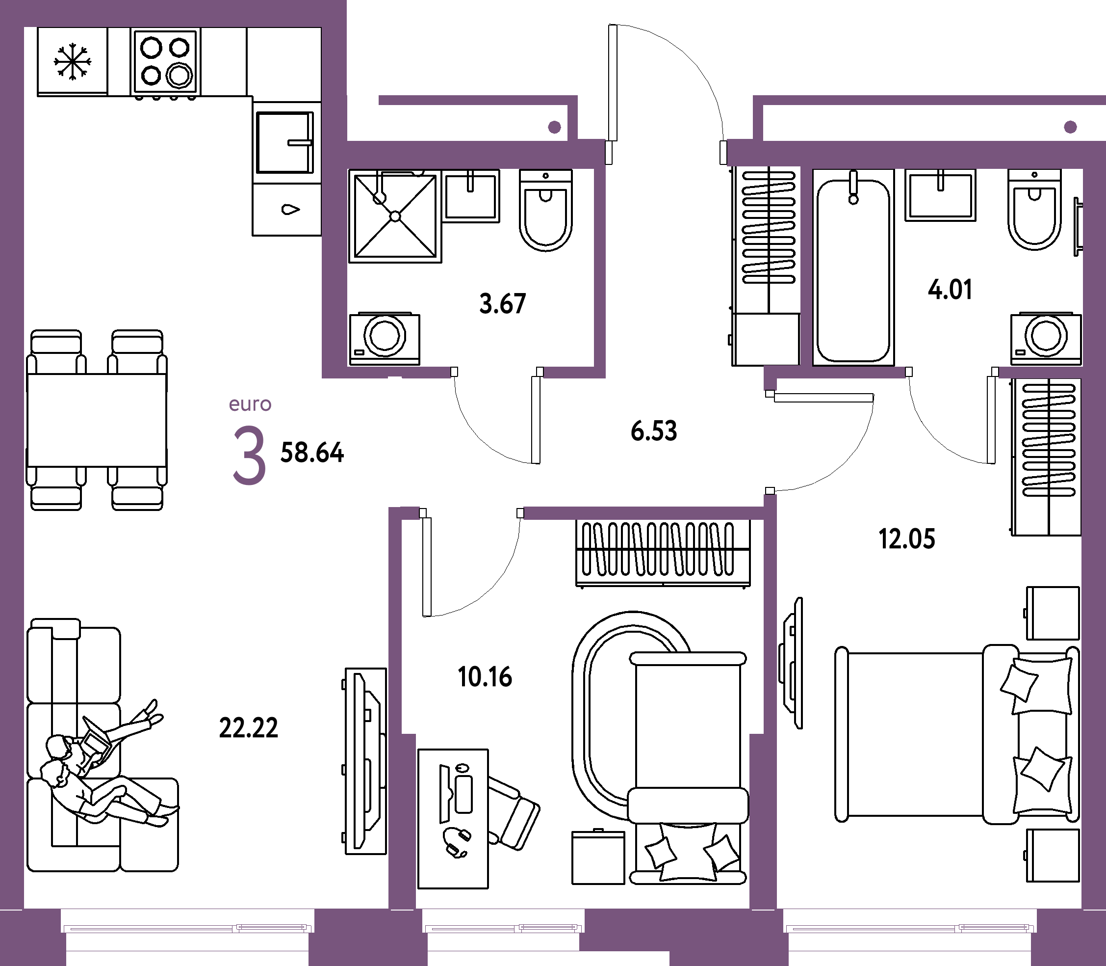 ЖК "Домашний"-3-комнатная 58.64 м²