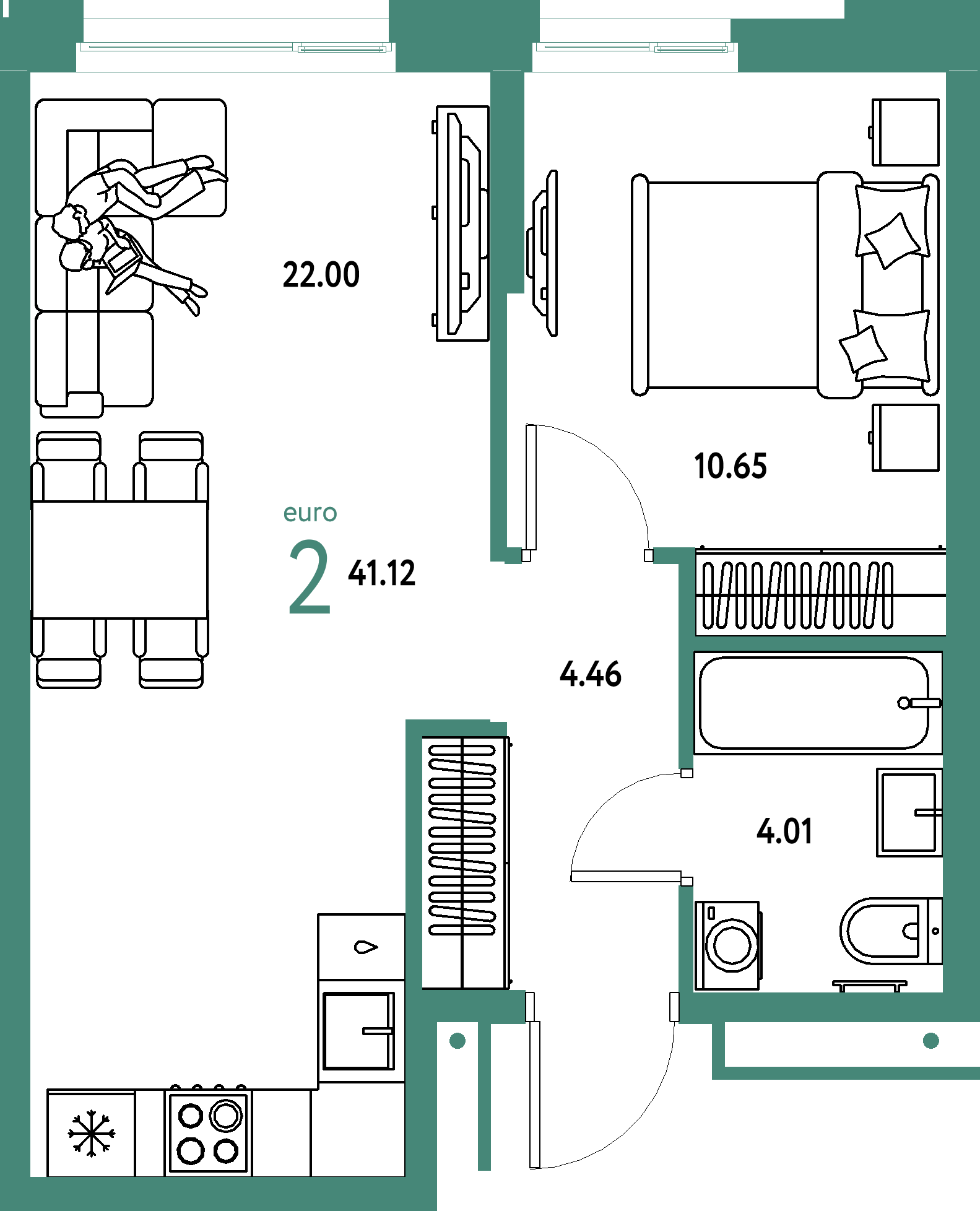 ЖК "Домашний"-2-комнатная 41.12 м²