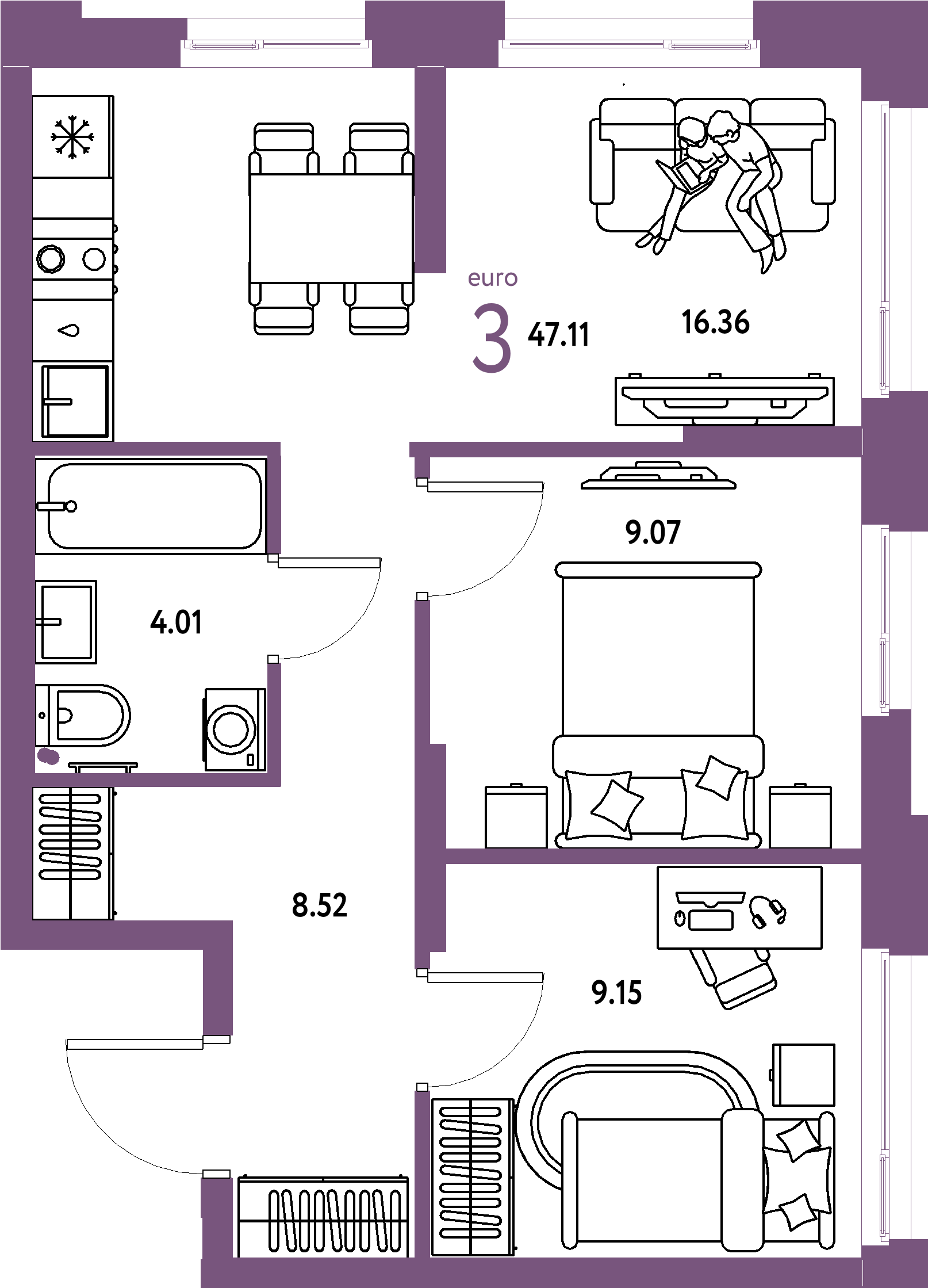ЖК "Домашний"-3-комнатная 47.11 м²